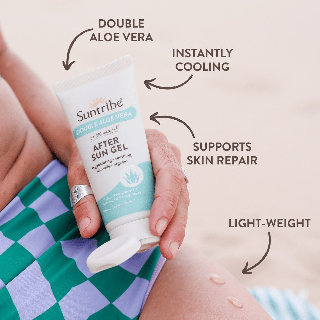 Suntribe After Sun-Gel Bio-Aftersun Gel Doppel Aloe Vera / 100 ml – 100 % Natürlich & Vegan, Mit Hyaluron & Granatapfelextrakt – Feuchtigkeit & parfümfrei