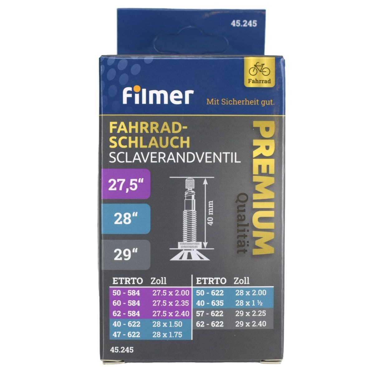 Filmer Fahrradschlauch Premium Fahrradschlauch Sclaverandventil 27,5 - 29 Zoll, mit Sclaverandventil, extrem reißfest