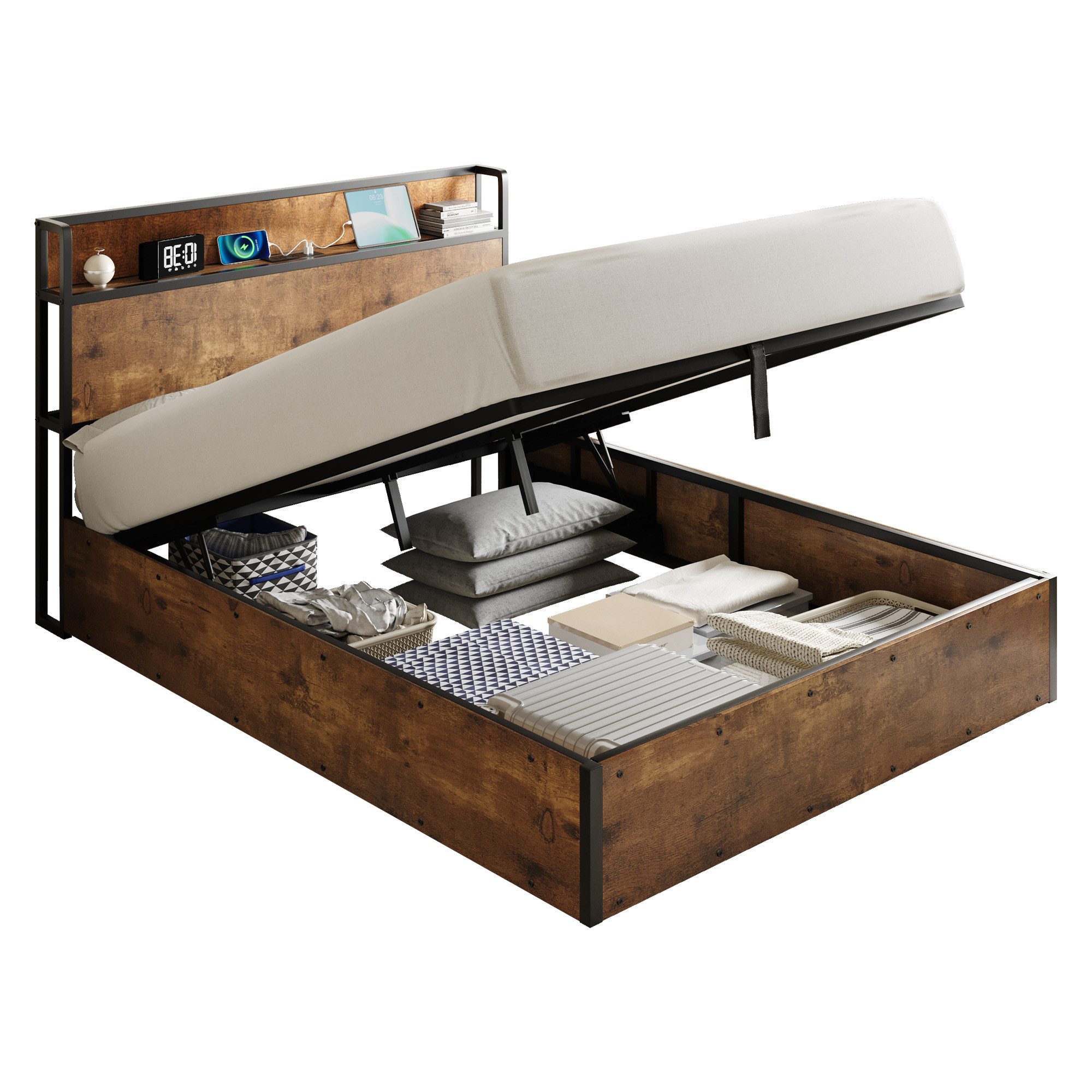 AMERLIFE Bett Doppelbett, Jugendbett mit hydraulischem Stauraum, USB & Steckdosen (1-tlg., Ohne Matratze), Industrie-Design, 160 x 200 cm