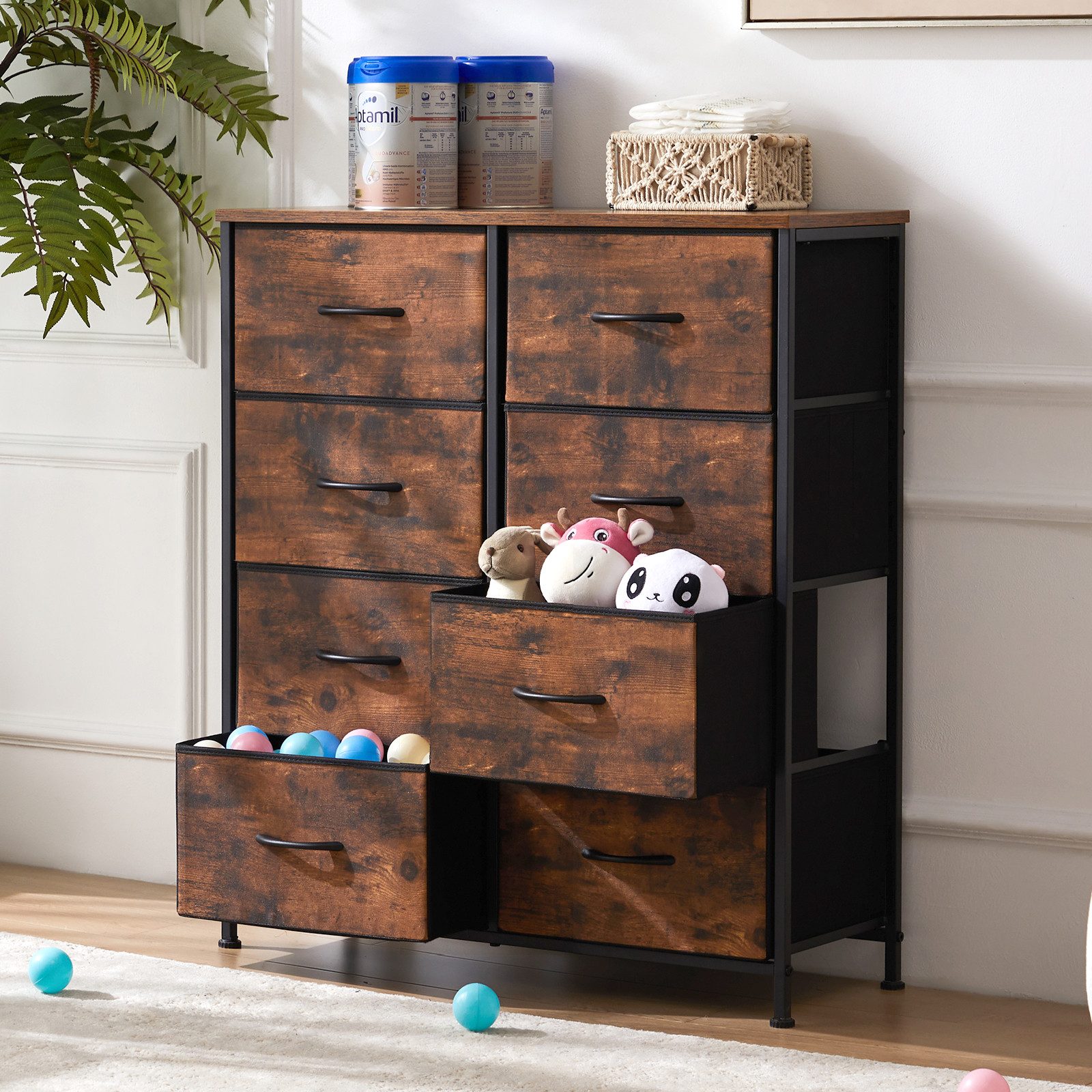 DUMOS Schubkastenkommode Kommode mit Schubladen, Ablageschrank aus Stoff Schubladenschrank (für Schlafzimmer, Wohnzimmer, Kinderzimmer, Flur, Aufbewahrungsschrank), mit Metallgestell Schubladen aus Stoff