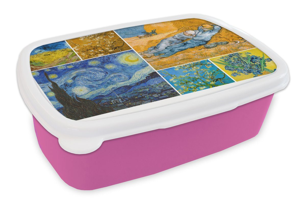 MuchoWow Lunchbox Van Gogh - Collage - Alte Meister, Kunststoff, (2-tlg), Brotbox für Erwachsene, Brotdose Kinder, Snackbox, Mädchen, Kunststoff rosa