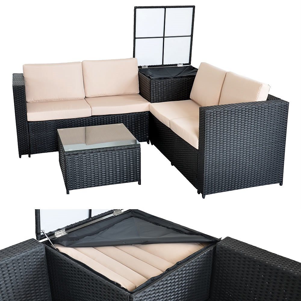 Feel2Home Garten-Essgruppe PolyRattan Sitzgruppe mit Auflagenbox in Schwarz, Grau oder Braun XXL, (2-tlg), Sicherheitsglasplatte