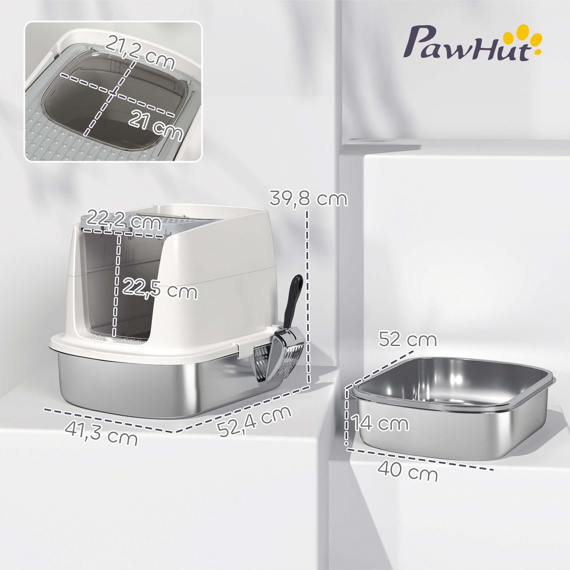 PawHut Katzentoilette Katzenklo Edelstahl mit Deckel XL mit Haube und Schaufel Tablett, für Katzen bis 5 kg, Weiß