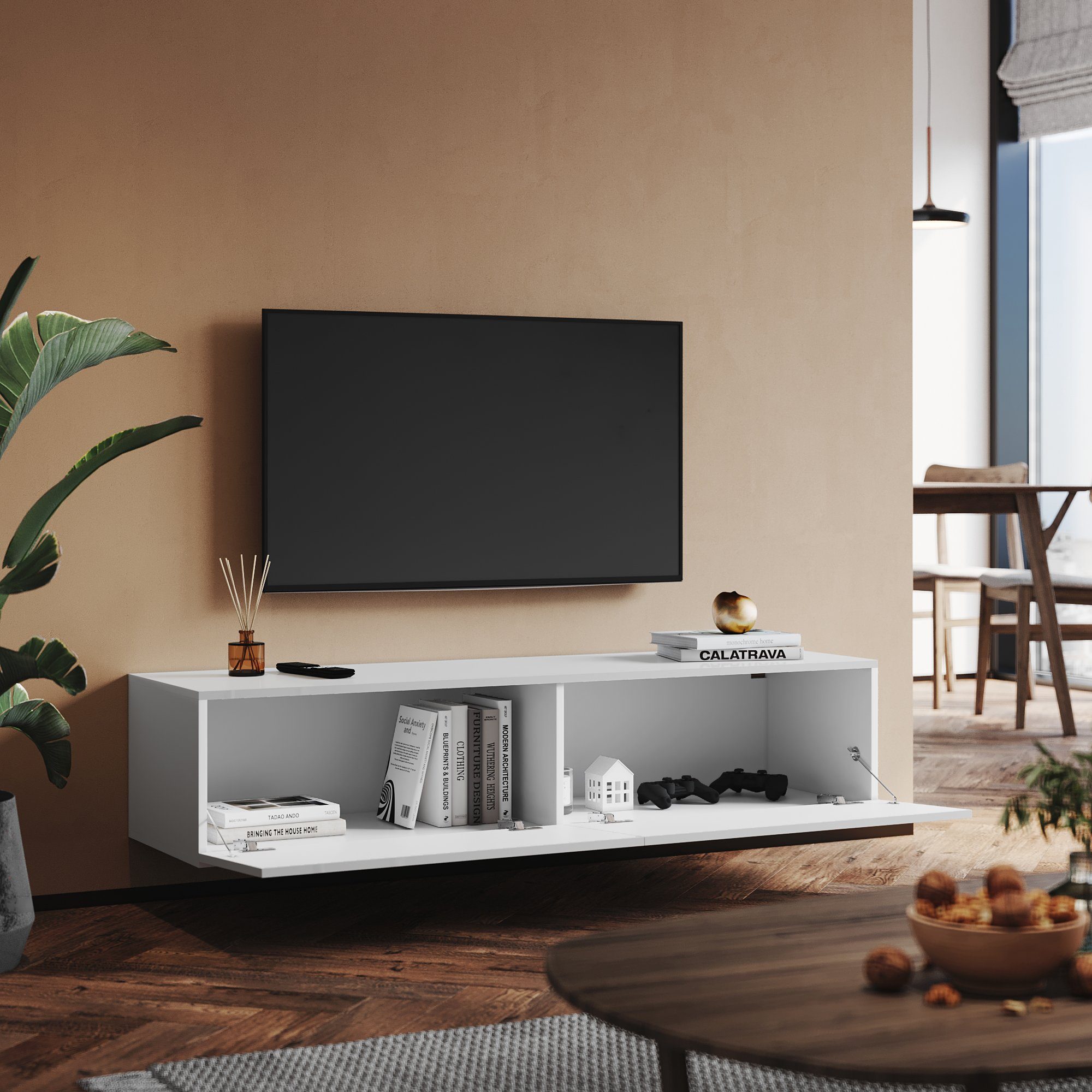SONNI Lowboard TV Board Hochglanz hängend TV Lowboard Holz 140cm TV Schrank, 140x40x30cm – Bild 2 von 5