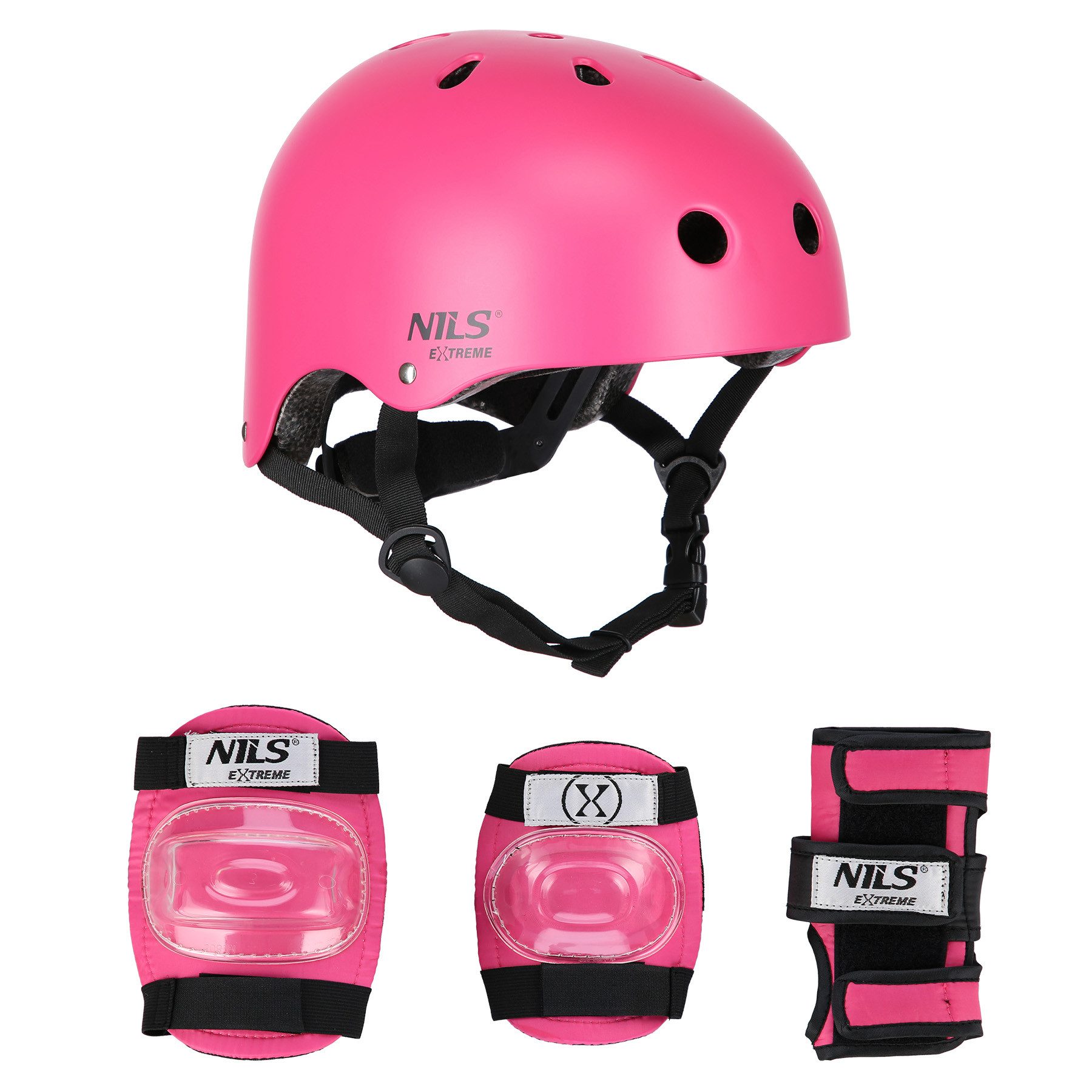 NILS EXTREME Allroundhelm Kinder Helm + Schützer Set Armschützer Knieschützer rosa, 7 teiliges Set, S-M