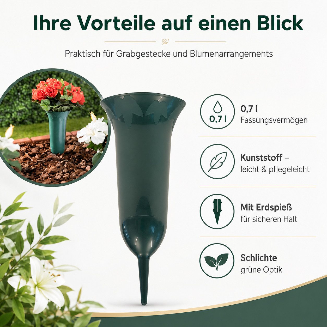 Testrut Bodenvase Grabvase Kunststoff grün 26 cm mit Erdspieß, 0,7 l (1 St)