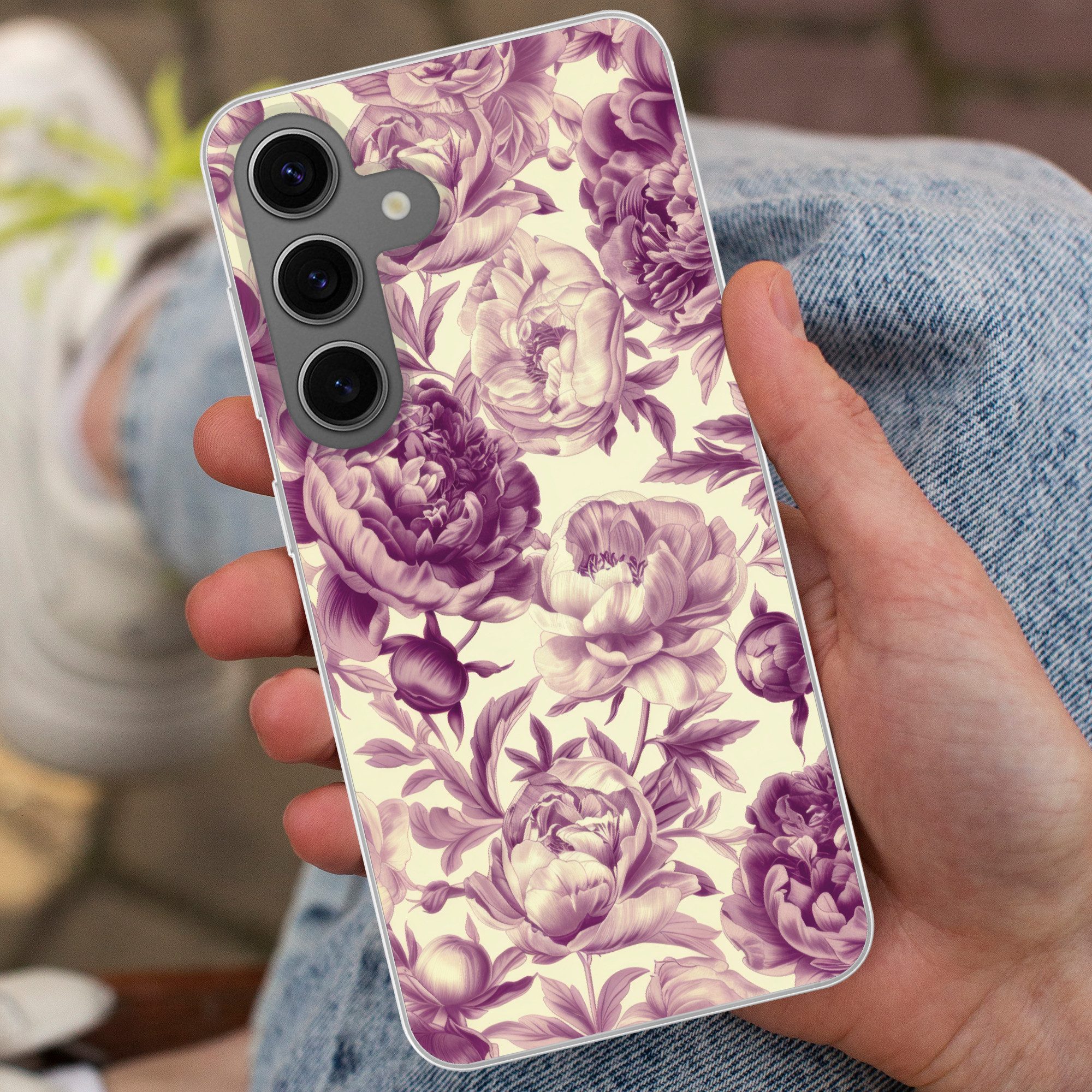 MuchoWow Handyhülle für Samsung Galaxy S24 Blumen - Muster - Lila - Beige, Phone Case, Silikon, Schutzhülle Dünn