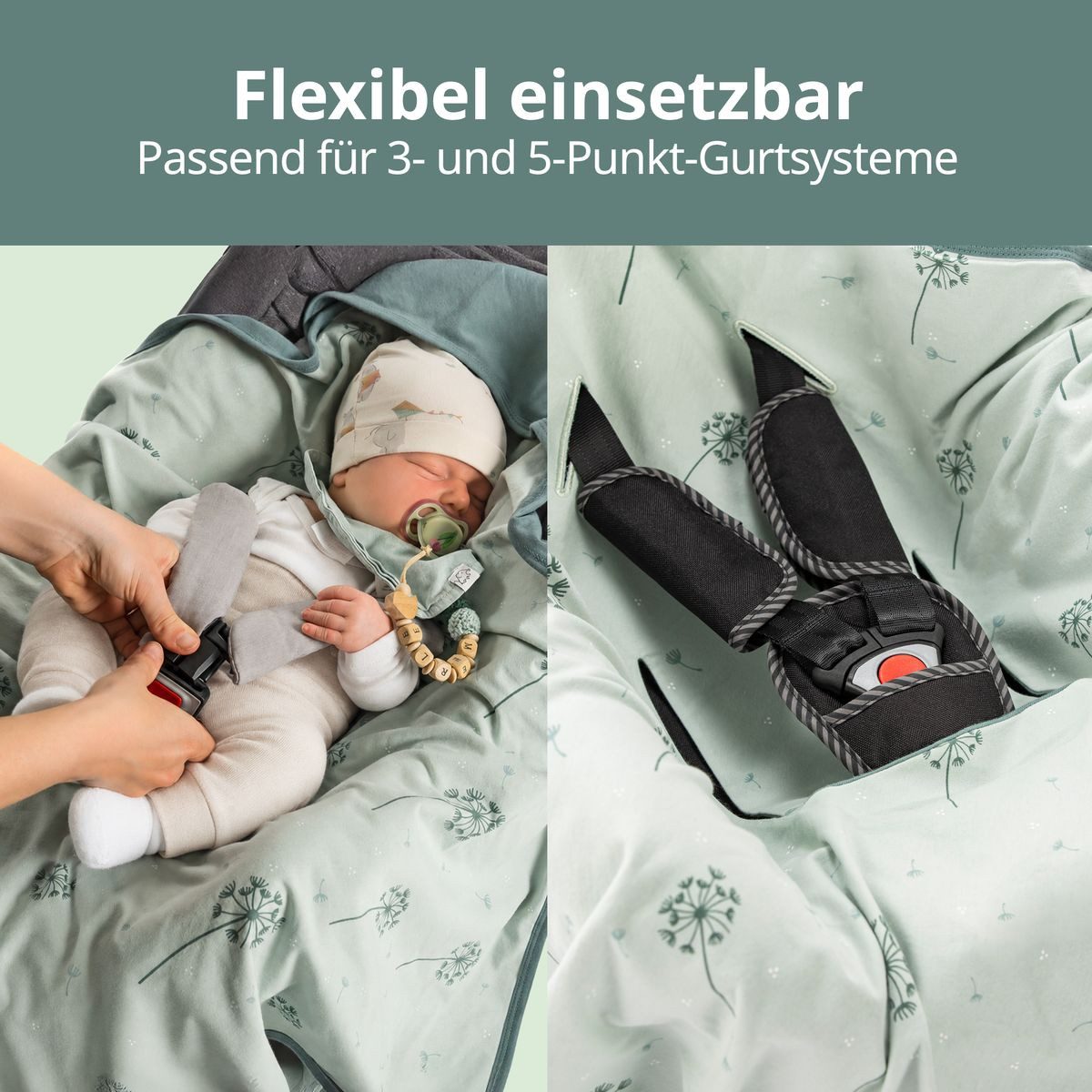 Zamboo Fußsack Pusteblume - Salbeigrün, Baby Einschlagdecke für Babyschale / Maxi Cosi leichte Kuscheldecke – Bild 2 von 5