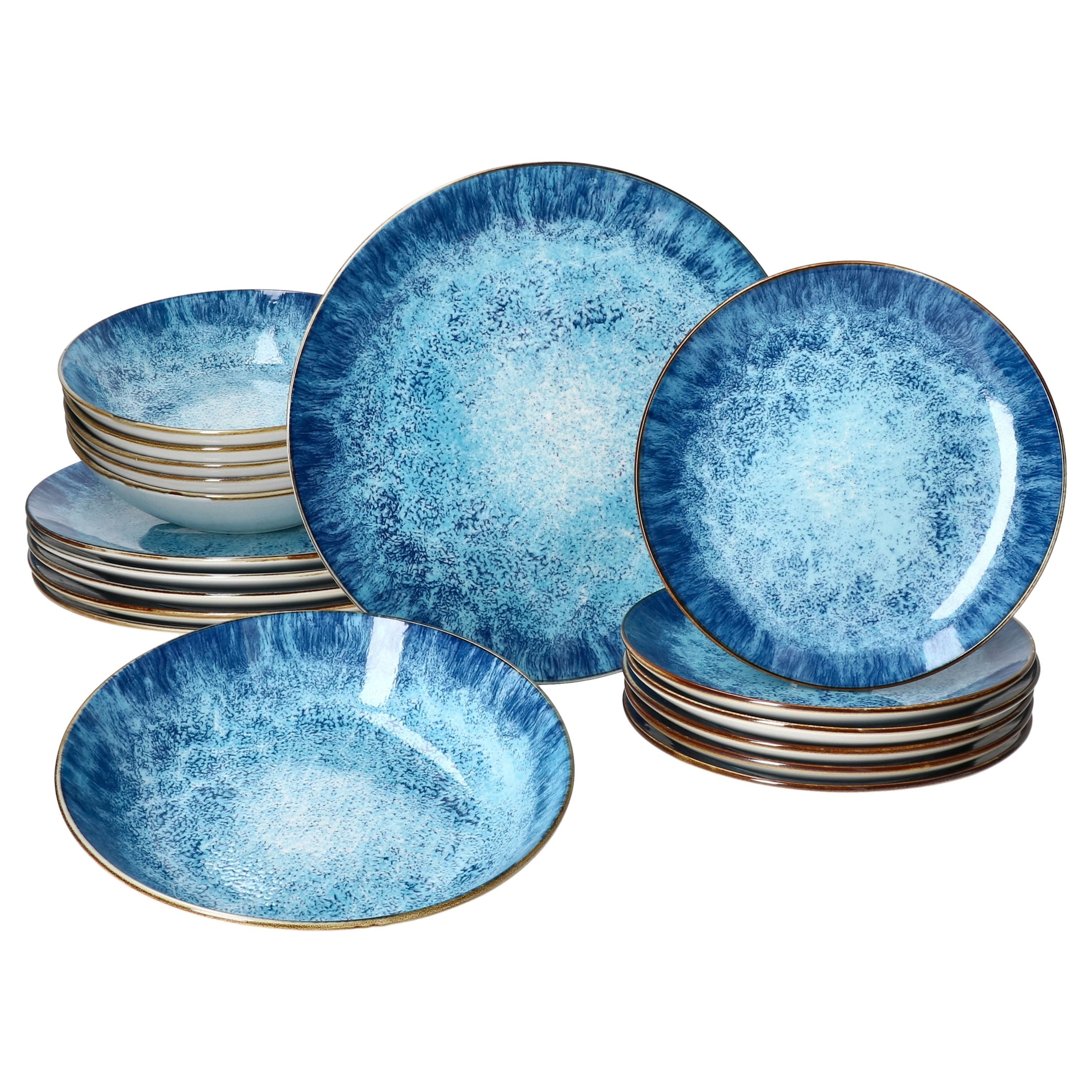 MamboCat Teller-Set Marina 18tlg Tellerset blaue 6 Pers Kuchenteller Speiseteller, Porzellan