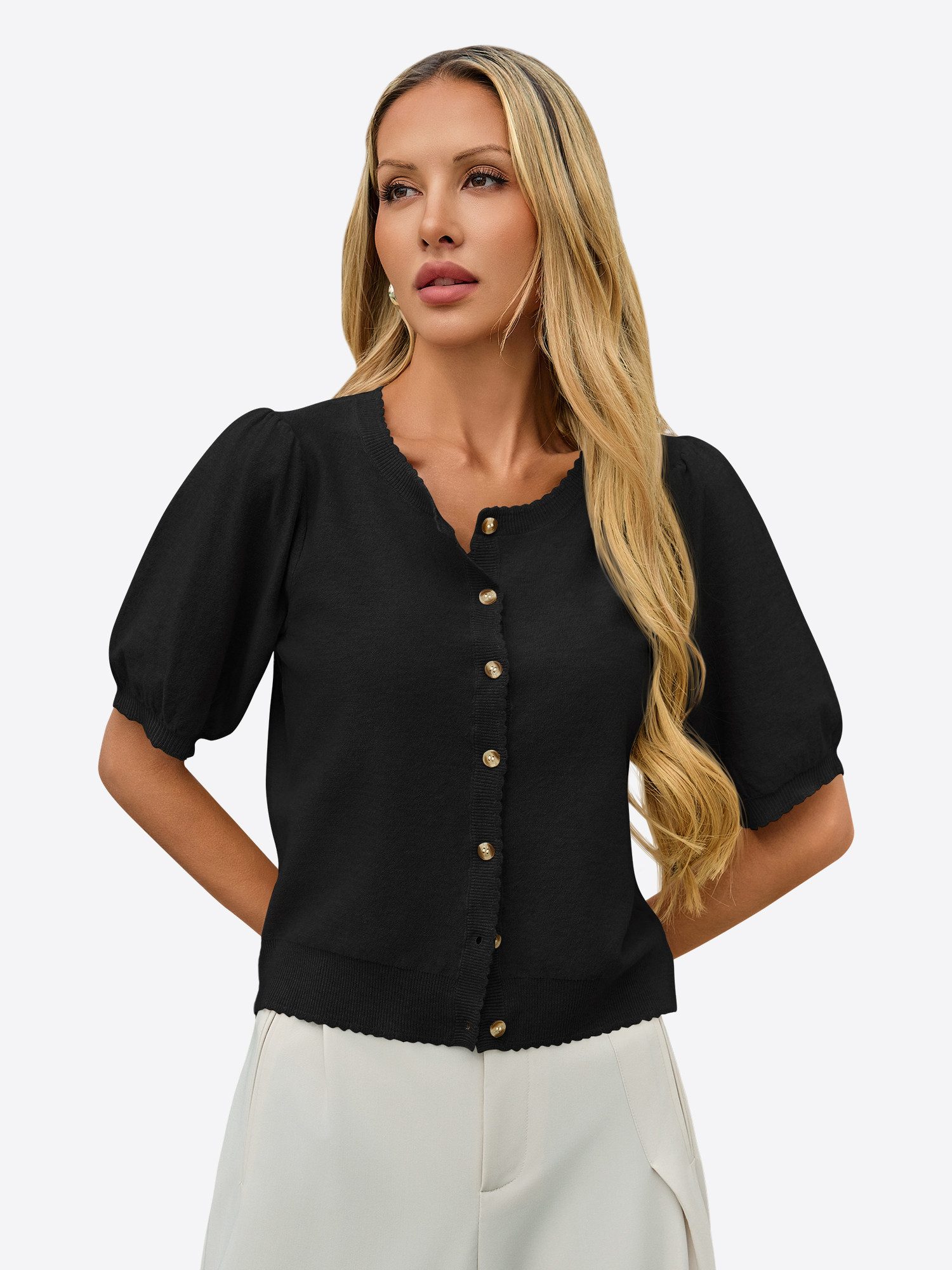 Imily Bela Sweatshirt Damen Puffärmel Strickjacke (Packung, 1-tlg., 1per-Pack) mit Rundhalsausschnitt