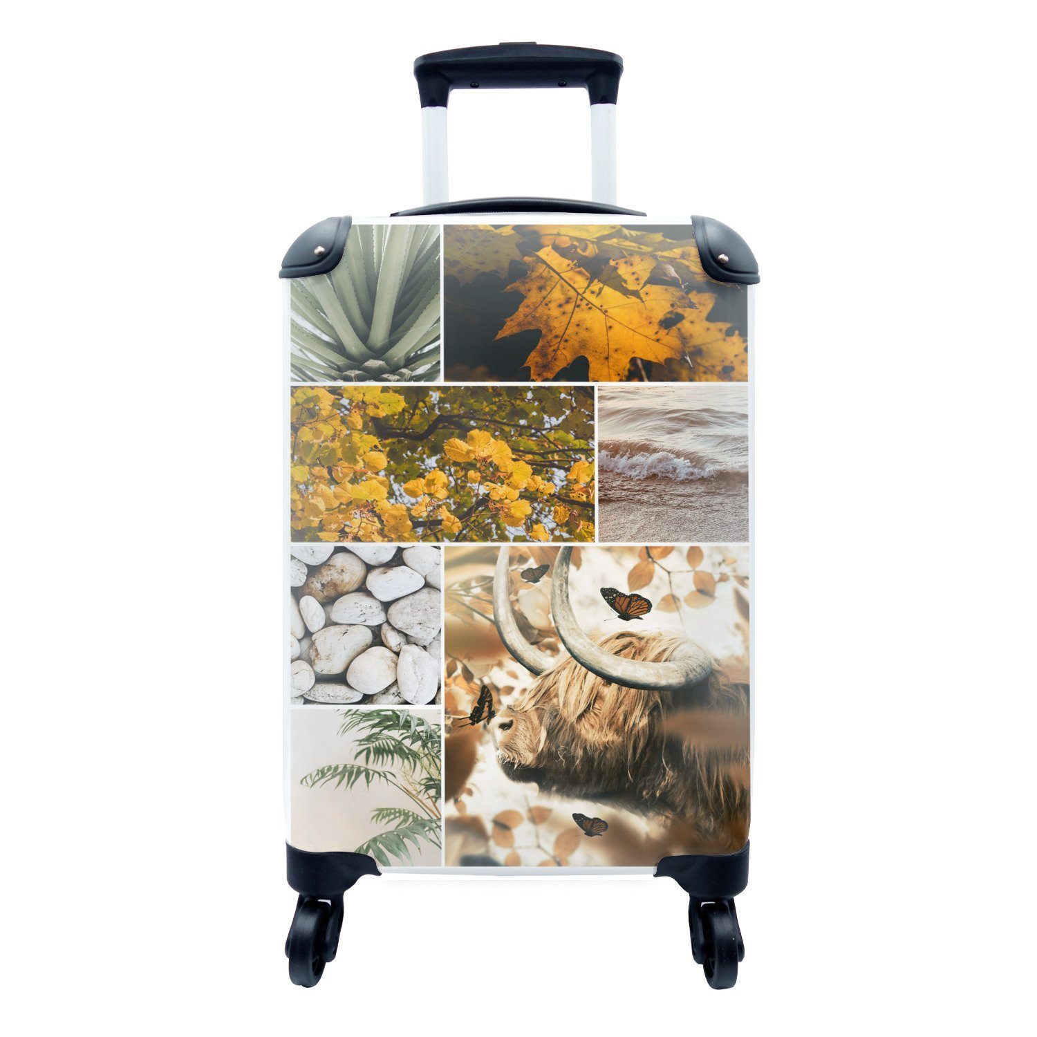 MuchoWow Handgepäckkoffer Schottische Highlander - Collage - Meer - Pflanzen, 4 Rollen, Reisetasche mit rollen, Handgepäck für Ferien, Trolley, Reisekoffer