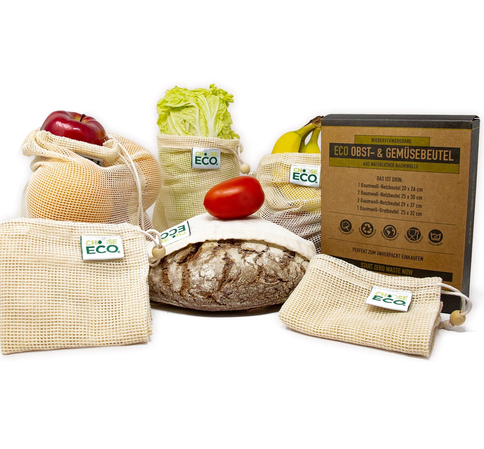 ChooseEco Gemüsebeutel Bio, "Zero 100% Waste", (Spar-Set) Obst- & Gemüsebeutel + Brotbeutel, 6er-Set