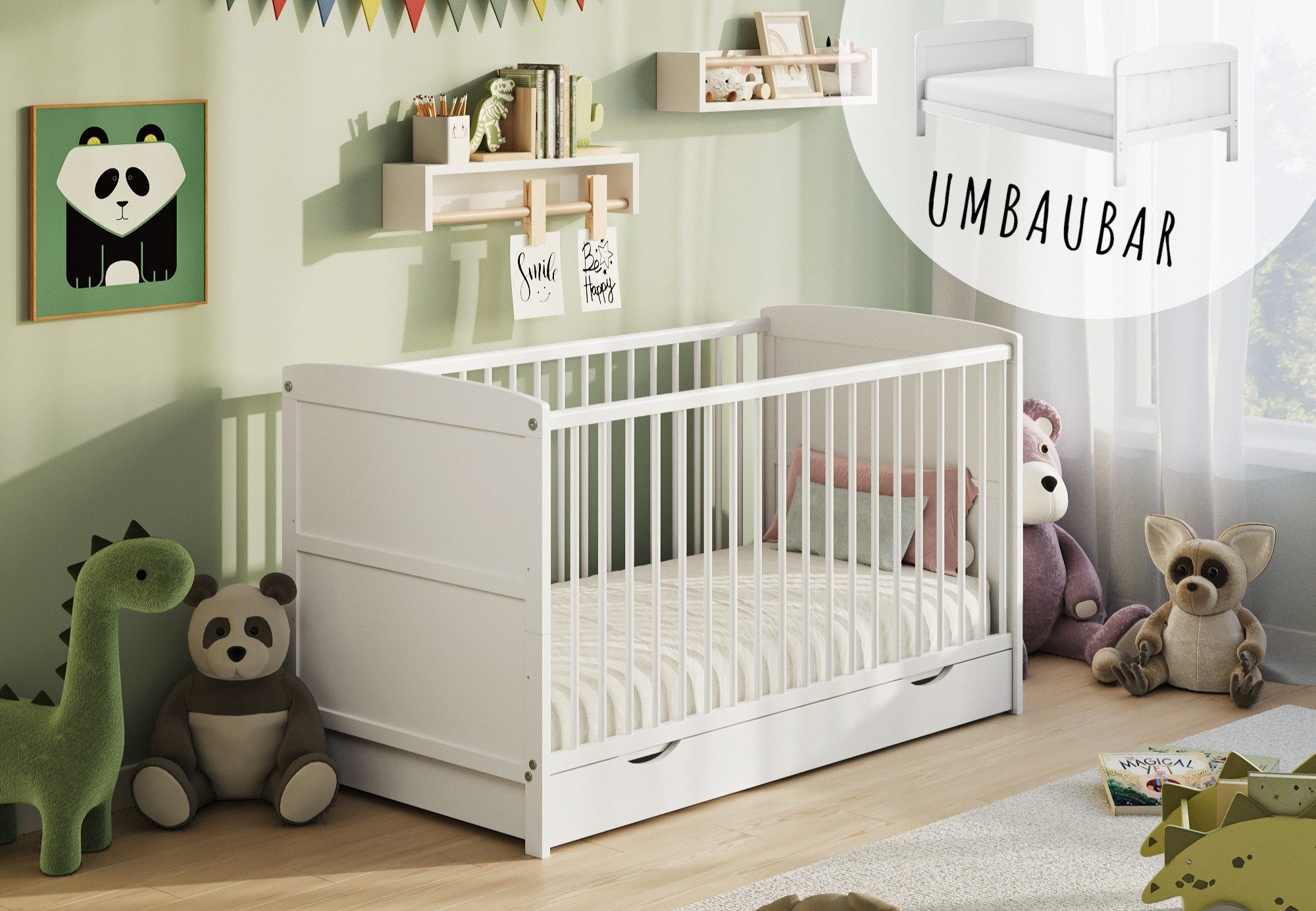 Babybett umbaubar zu Kinderbett Gitterbett mit Schublade 60x120 70x140cm