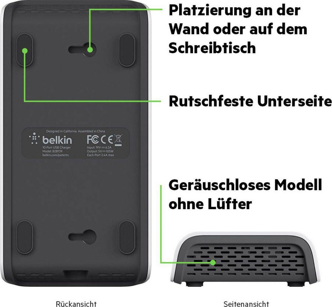 Belkin 10-Port USB-Ladestation,120W, 2,4A pro Port USB-Ladegerät (2400 mA, Regionale Steckersets für die USA, Großbritannien, Europa und Asien)