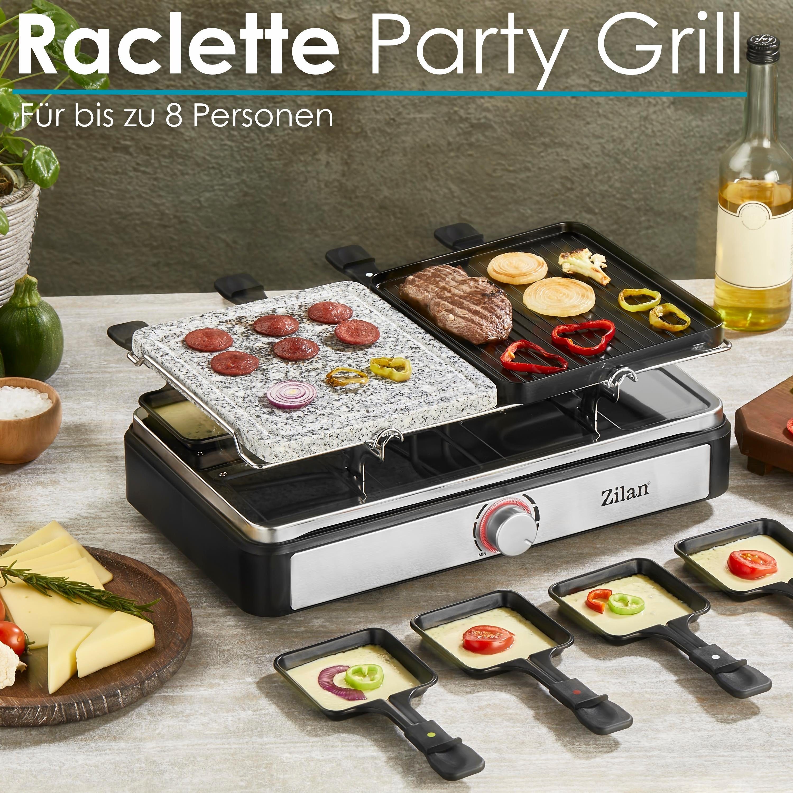 Zilan Raclette ZLN-8863, 8 Raclettepfännchen, 1400 W, Naturgrillstein & Grillplatte,8 Personen,Antihaftbeschichtet