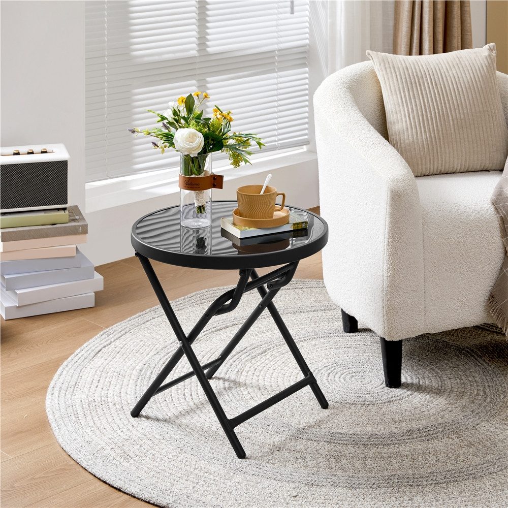 Yaheetech Gartentisch Runder Klappbarer Beistelltisch aus Siebdruckglas & Metall, ø46 cm Klapptisch Keine Montage Erforderlich für Außenbereich