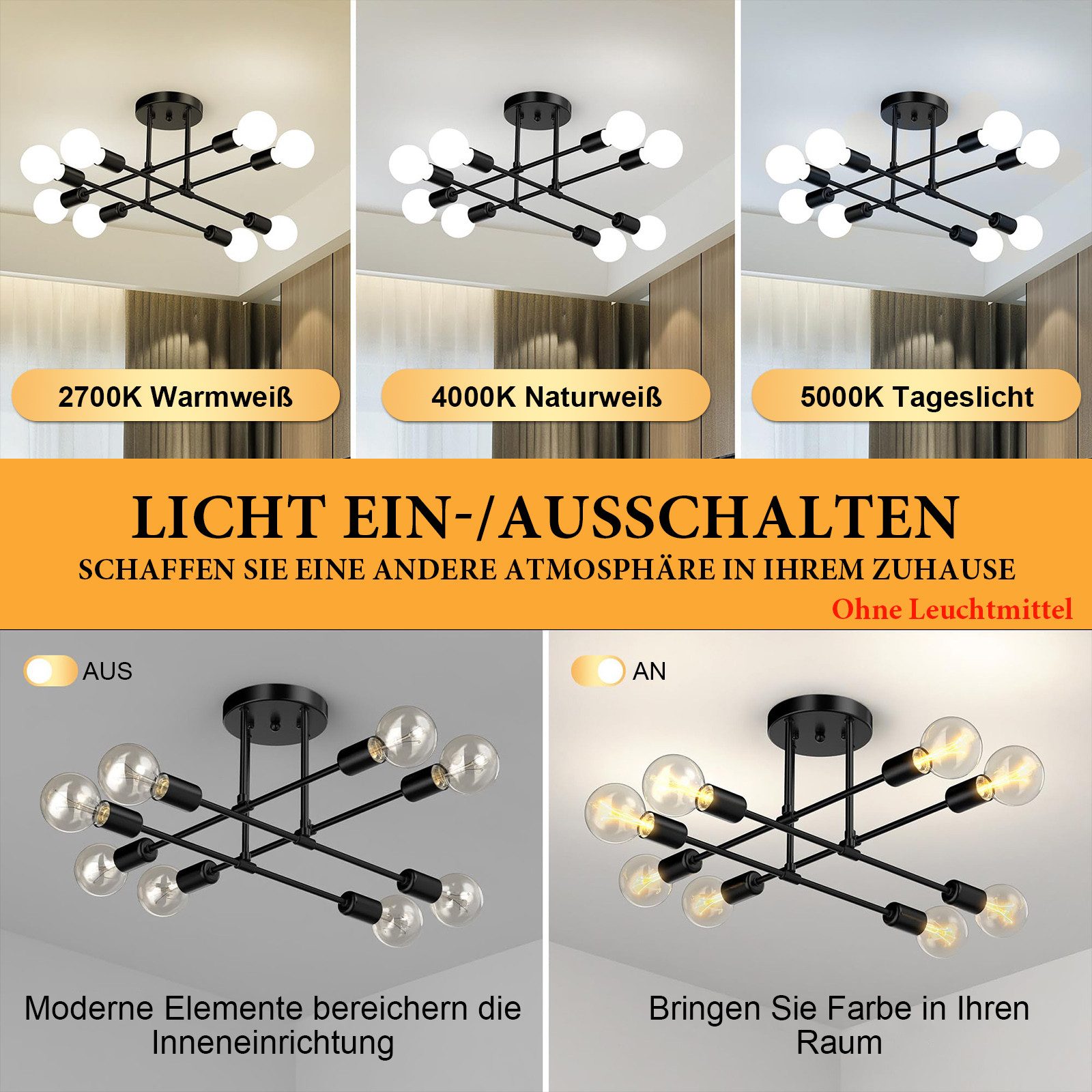 Jibenhome LED Deckenleuchte Schwarz Kronleuchter-Hängend Deckenlampe 6/8 Fl günstig online kaufen