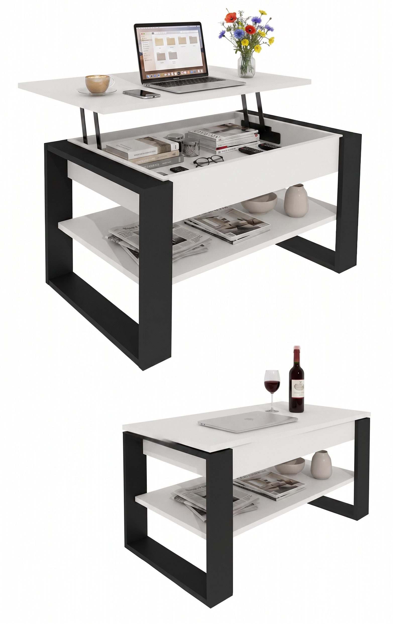 TREND WERK Couchtisch Lift-Couchtisch höhenverstellbar Sofatisch 92×55 cm mit Stauraum (verstecktem Fach Wohnzimmertisch Holz modern) – Bild 4 von 5