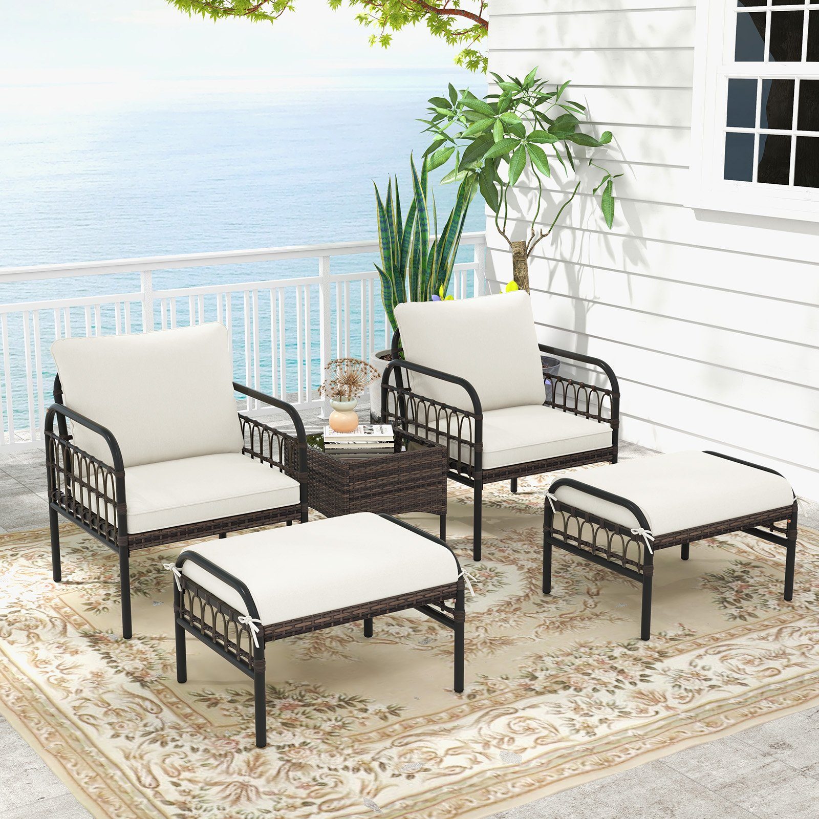 COSTWAY Gartenlounge-Set, (5-tlg), Rattan, mit Kissen&Glastisch, 4 Personen