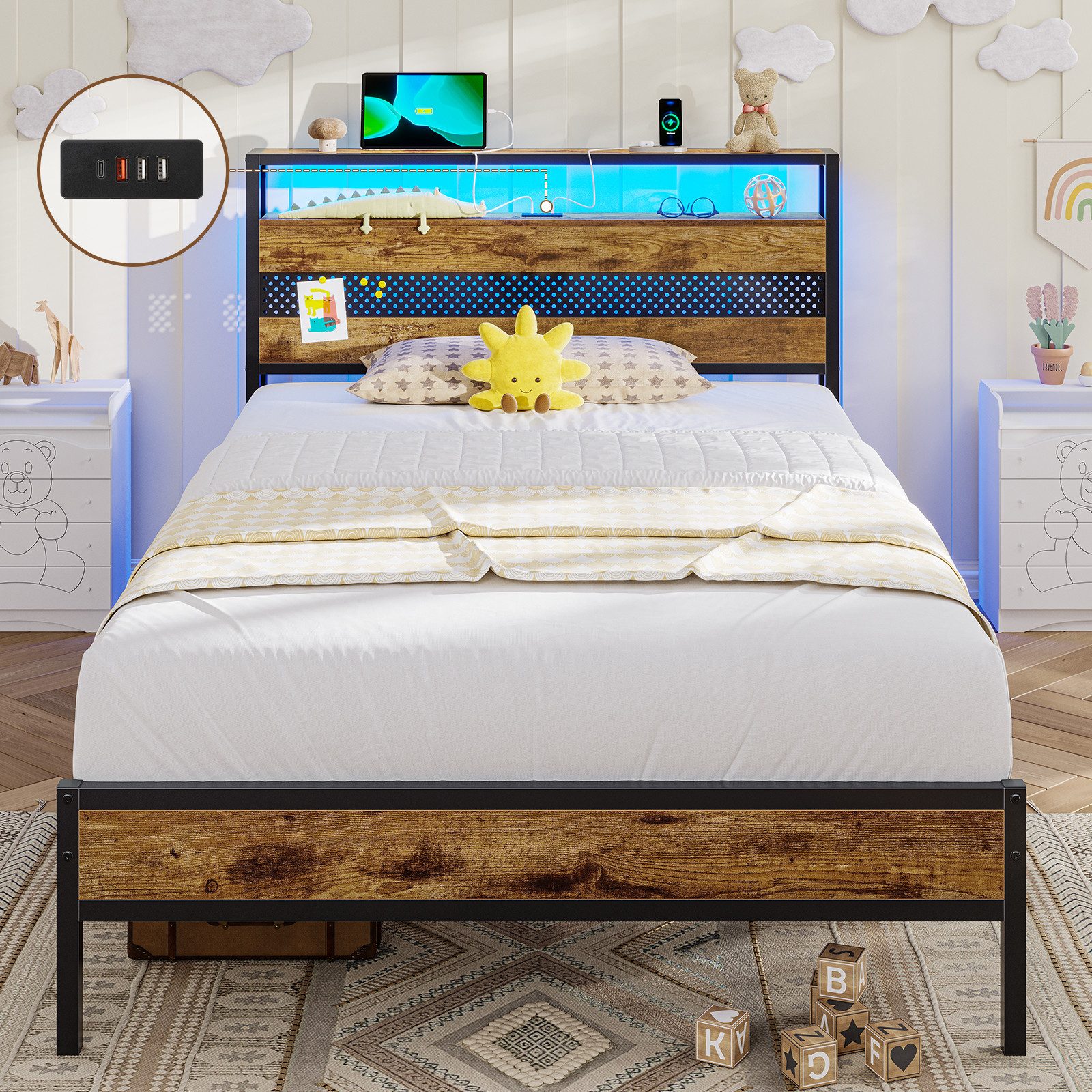 MSMASK Metallbett Bettgestell mit Steckdose und USB-Ladefunktion (Ohne Matr günstig online kaufen