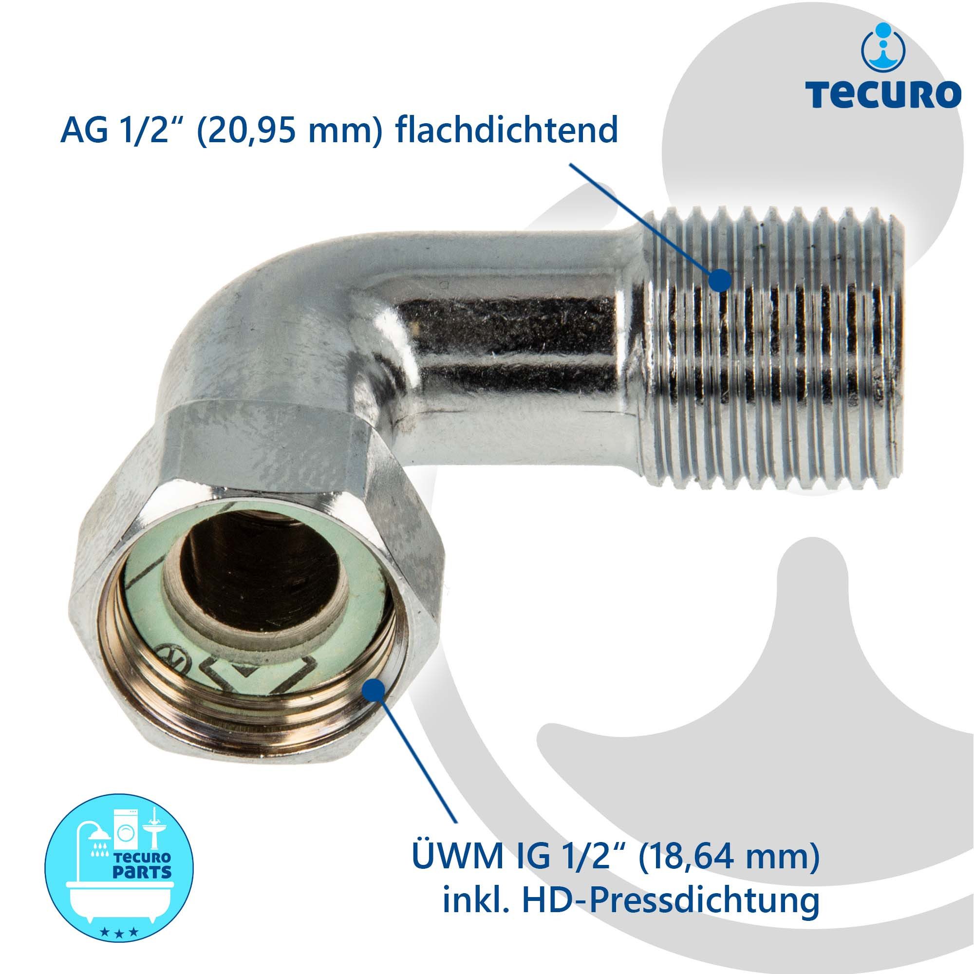 tecuro Gewindefitting Winkel-Verschraubung mit ÜWM x AG, Messing glanzverchromt, ÜWM 1/2 Zoll x AG 1/2 Zoll