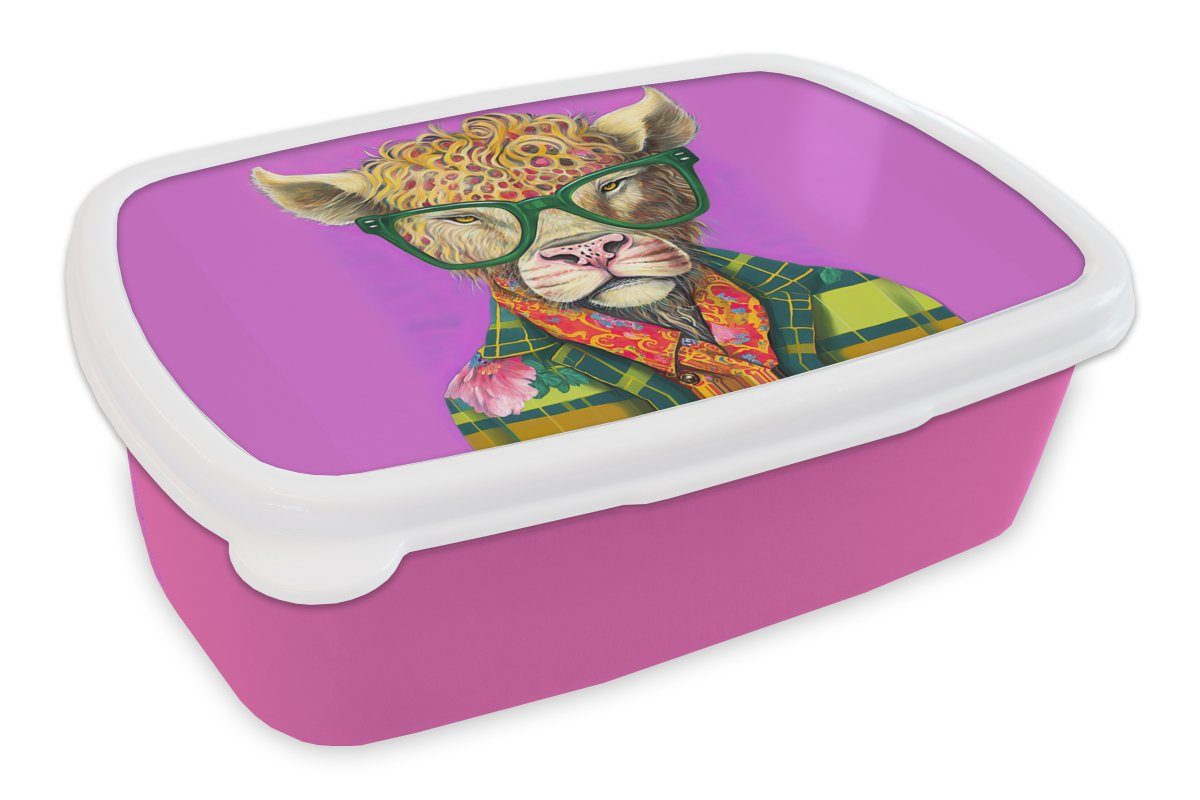 MuchoWow Lunchbox Brille - Tier - Schottischer Highlander - Blumen - Hippie, Kunststoff, (2-tlg), Brotbox für Erwachsene, Brotdose Kinder, Snackbox, Mädchen, Kunststoff rosa