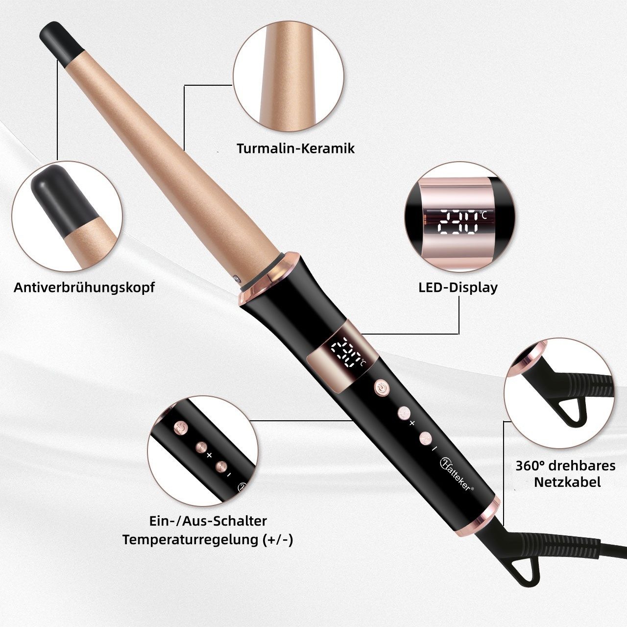 HATTEKER Lockenstab HT-106, Keramik-Turmalin-Beschichtung, Kegelförmiger Lockenstab, 13–25 mm, 80–230 °C