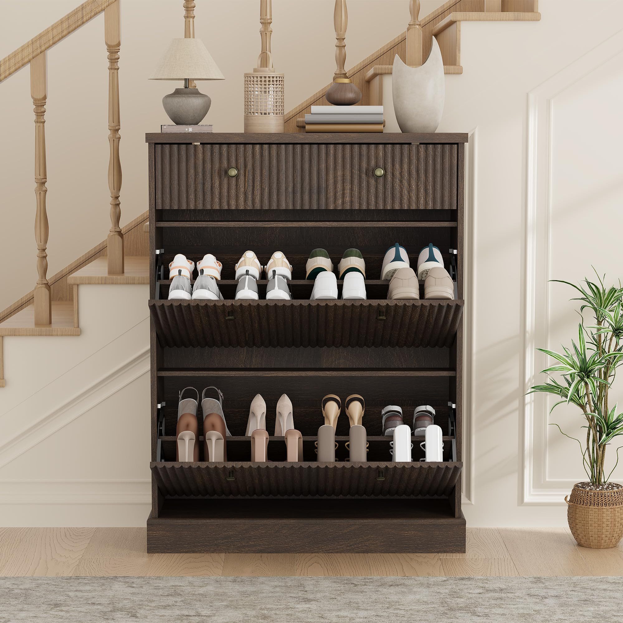 GarveeMore Schuhschrank Moderner Rillenprofil mit 2 Klappschubladen und oberer Schublade (1-St) (B80/T25/H107 cm) Schuhregal für 12–16 Paar Schuhe, für Flur und Diele