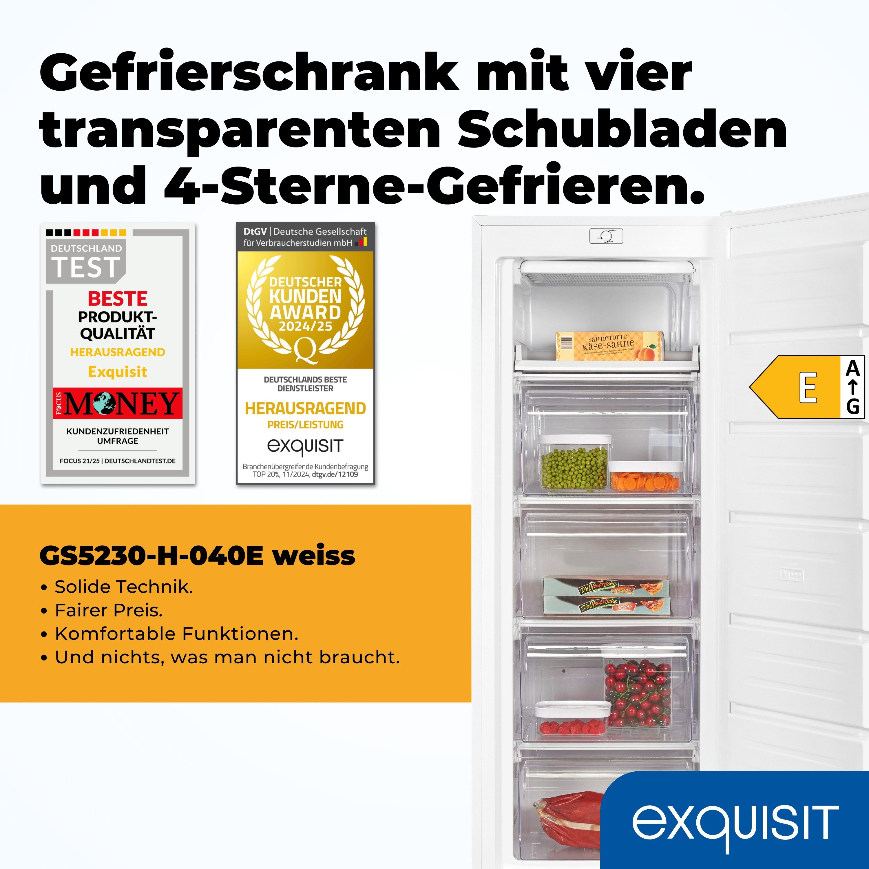 exquisit Gefrierschrank GS5230-H-040E, 142.6 cm hoch, 54.4 cm breit, 4*-Gefrierfach, Türanschlag wechselbar, Höhenverstellbare Füße – Bild 2 von 5