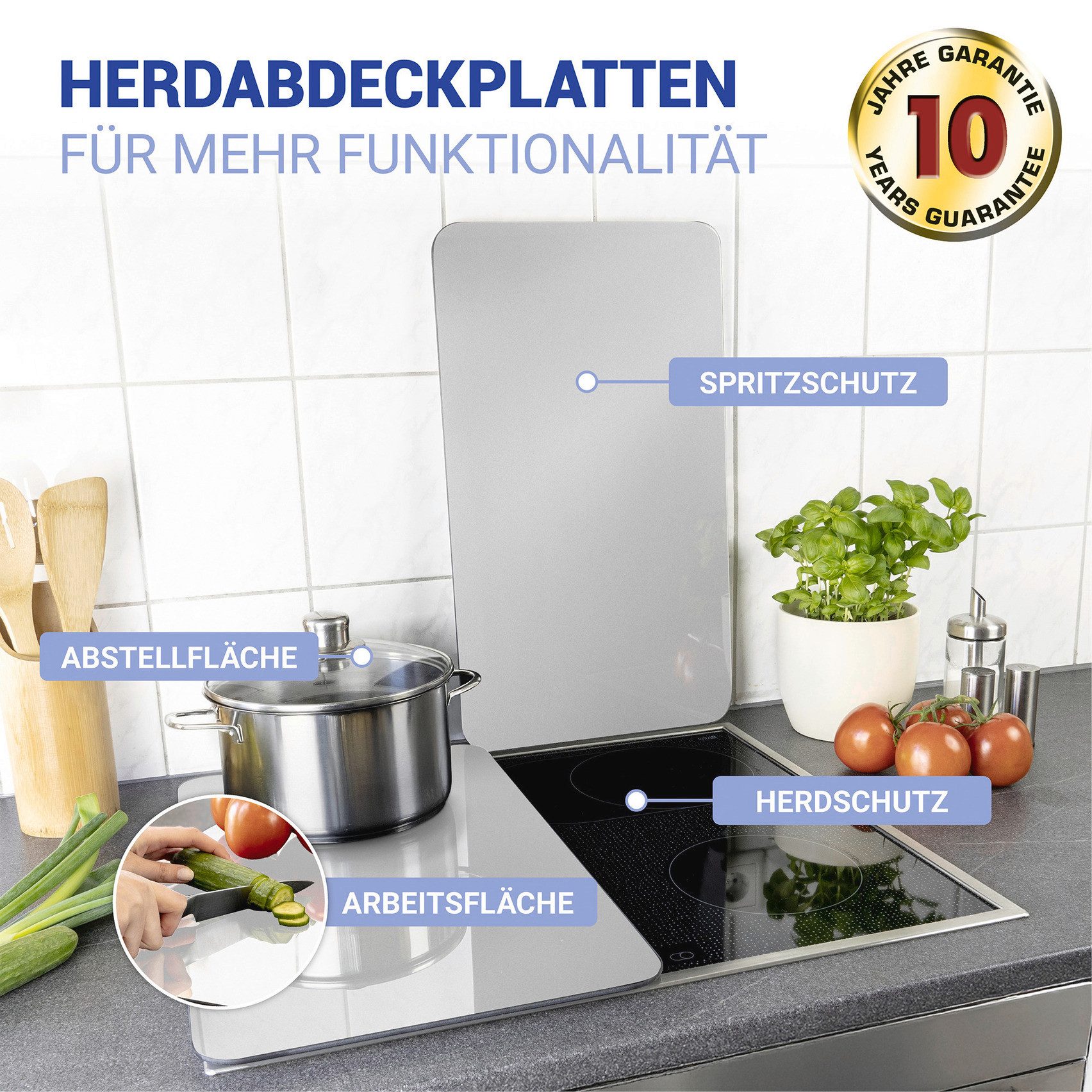 WENKO Herd-Abdeckplatte Universal Modell Silber, Glas, Kunststoff, (Set, 2 tlg), Herdabdeckung für alle Herdarten, kratzfest, mit rutschfesten Füßen