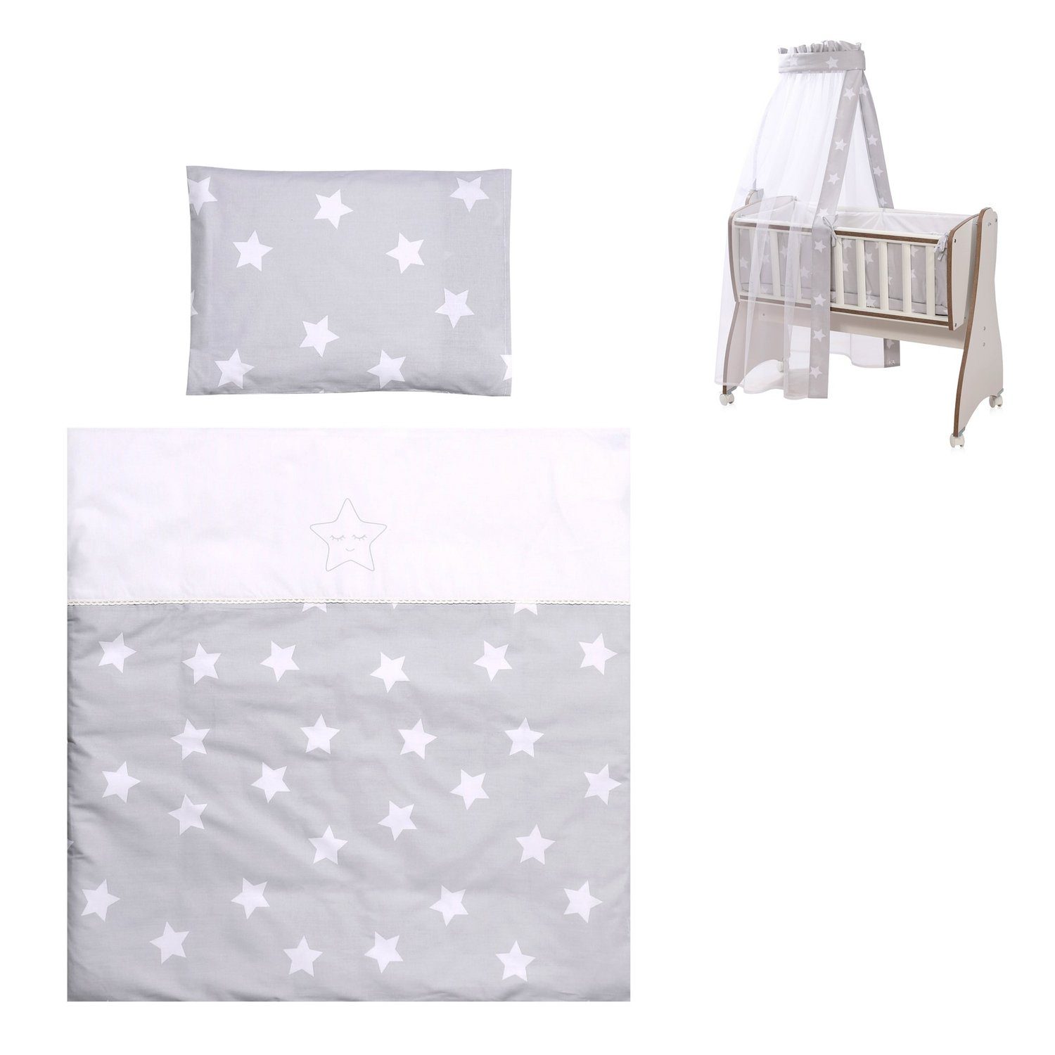 Babybettwäsche Baby Bettwäsche Zubehör Set First Dreams, Lorelli, Baumwolle, 7 teilig, 7-teiliges Set Decke Kissen Laken Himmel