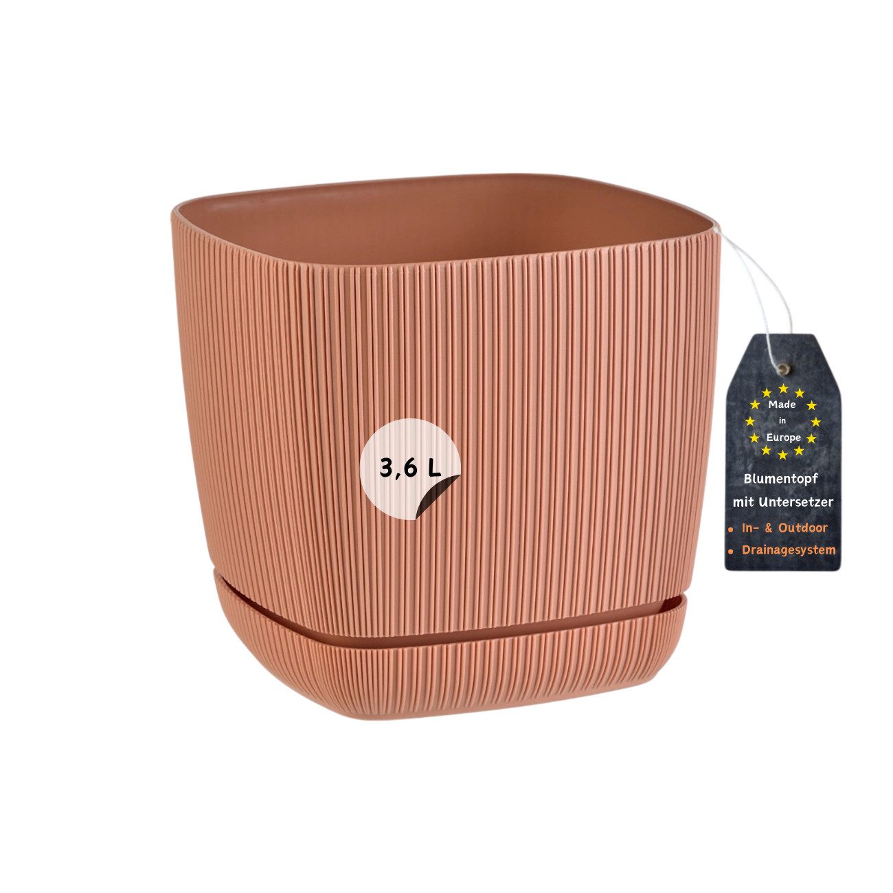 Engelland Blumentopf Pflanztopf mit Drainagesystem & Untersetzer (18 x 18 cm, 3,6 Liter, 1 St., robuster PP-Kunststoff), eckig, Rillenoptik, UV-resistent, direkte Bepflanzung
