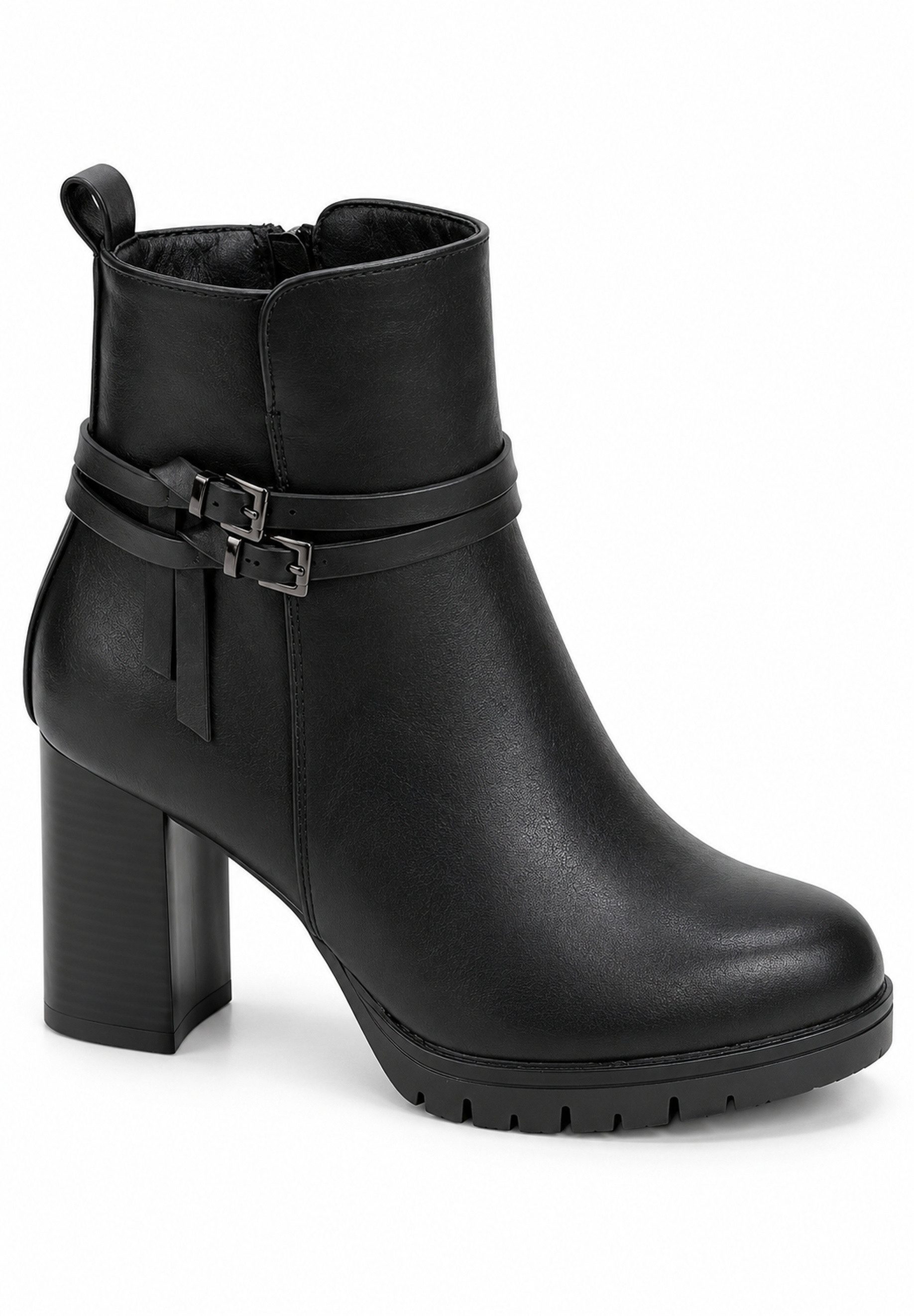 SuperMe Damen Stiefelette mit Blockabsatz im klassischen Biker-Look High-Heel-Stiefelette