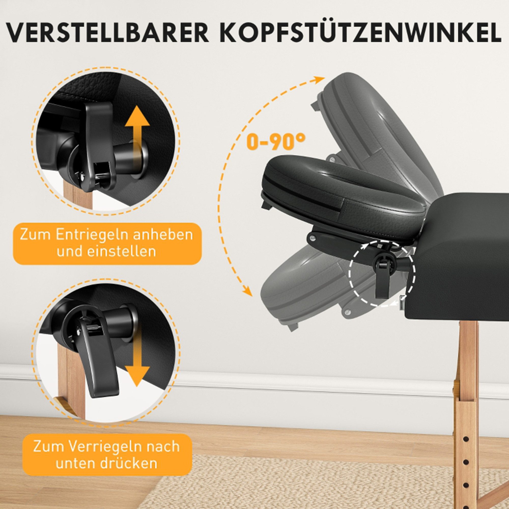 MC Star Massageliege 2 Zonen Klappbar Massagetisch Höhenverstellbar Massagebank (70 cm Breit mit Kopfstütze, Holzfüßen Massagebett Kosmetikliege Schwarz)
