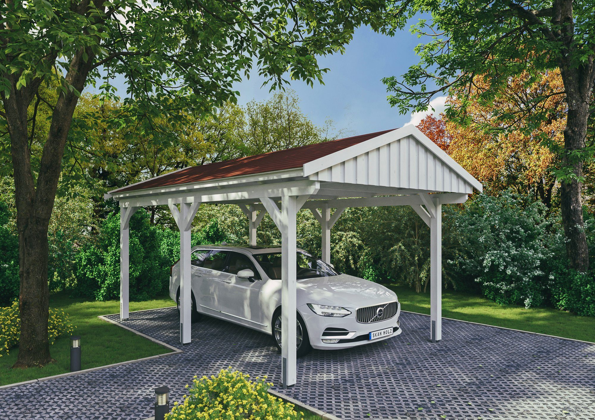 Skanholz Einzelcarport Fichtelberg, BxT: 317x566 cm, 273 cm Einfahrtshöhe, mit roten Schindeln | Carports