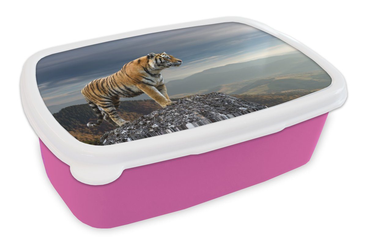 MuchoWow Lunchbox Tiger - Berg - Natur - Landschaft, Kunststoff, (2-tlg), Brotbox für Erwachsene, Brotdose Kinder, Snackbox, Mädchen, Kunststoff rosa