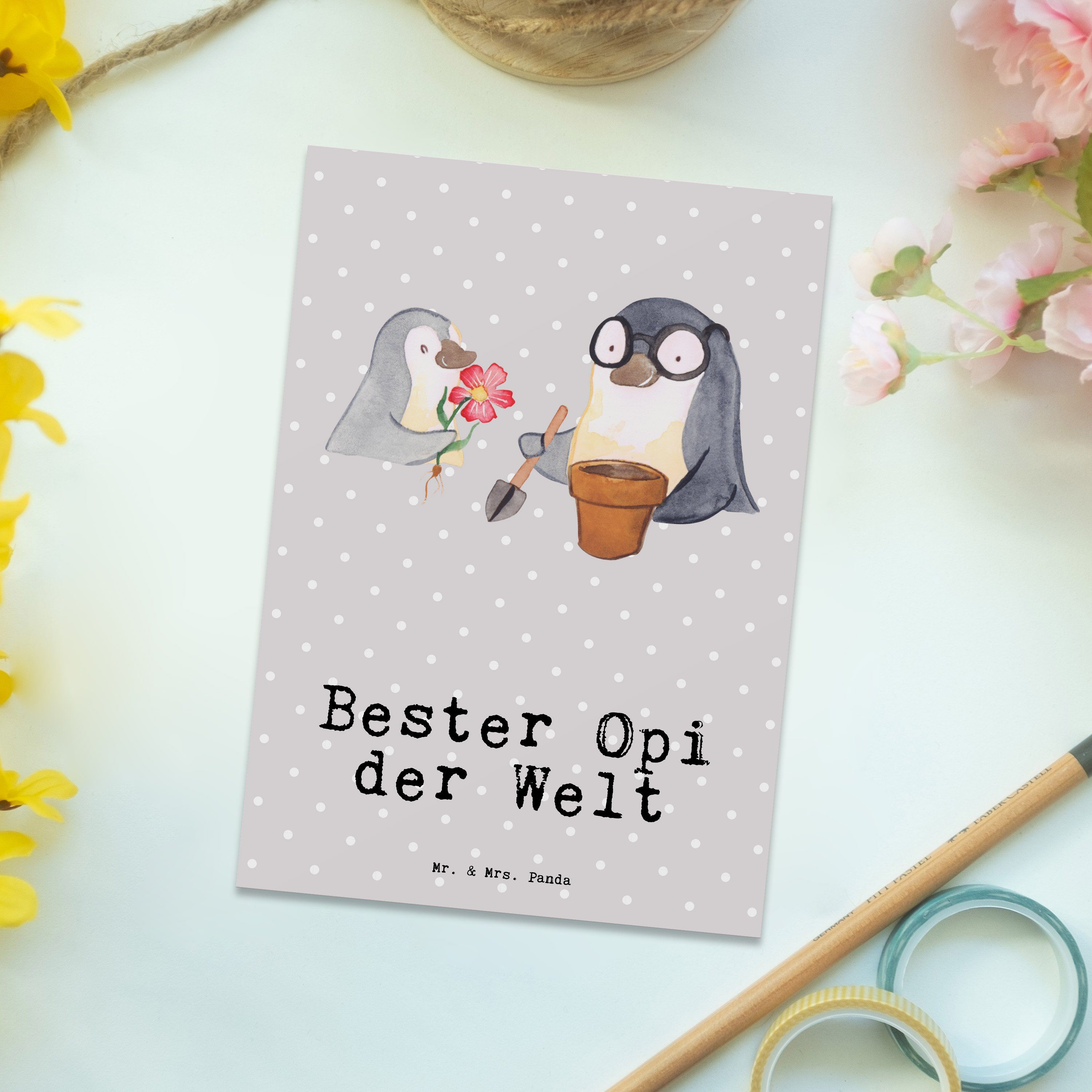 Postkarte Pinguin Pastell - Bester Geschenk, Mrs. Panda Ei Mr. der Welt - Geburtstag, & Grau Opi