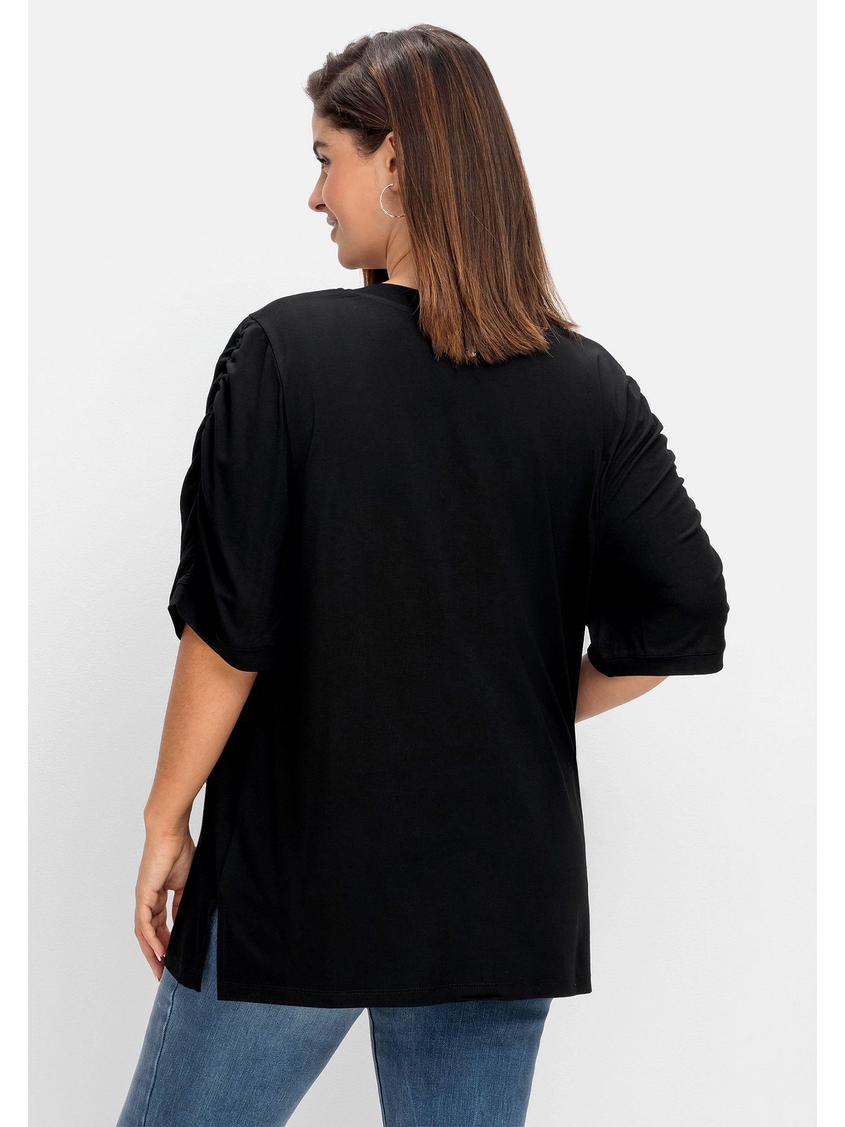 Longshirt Blütenprint am mit Saum Sheego Größen Große schwarz