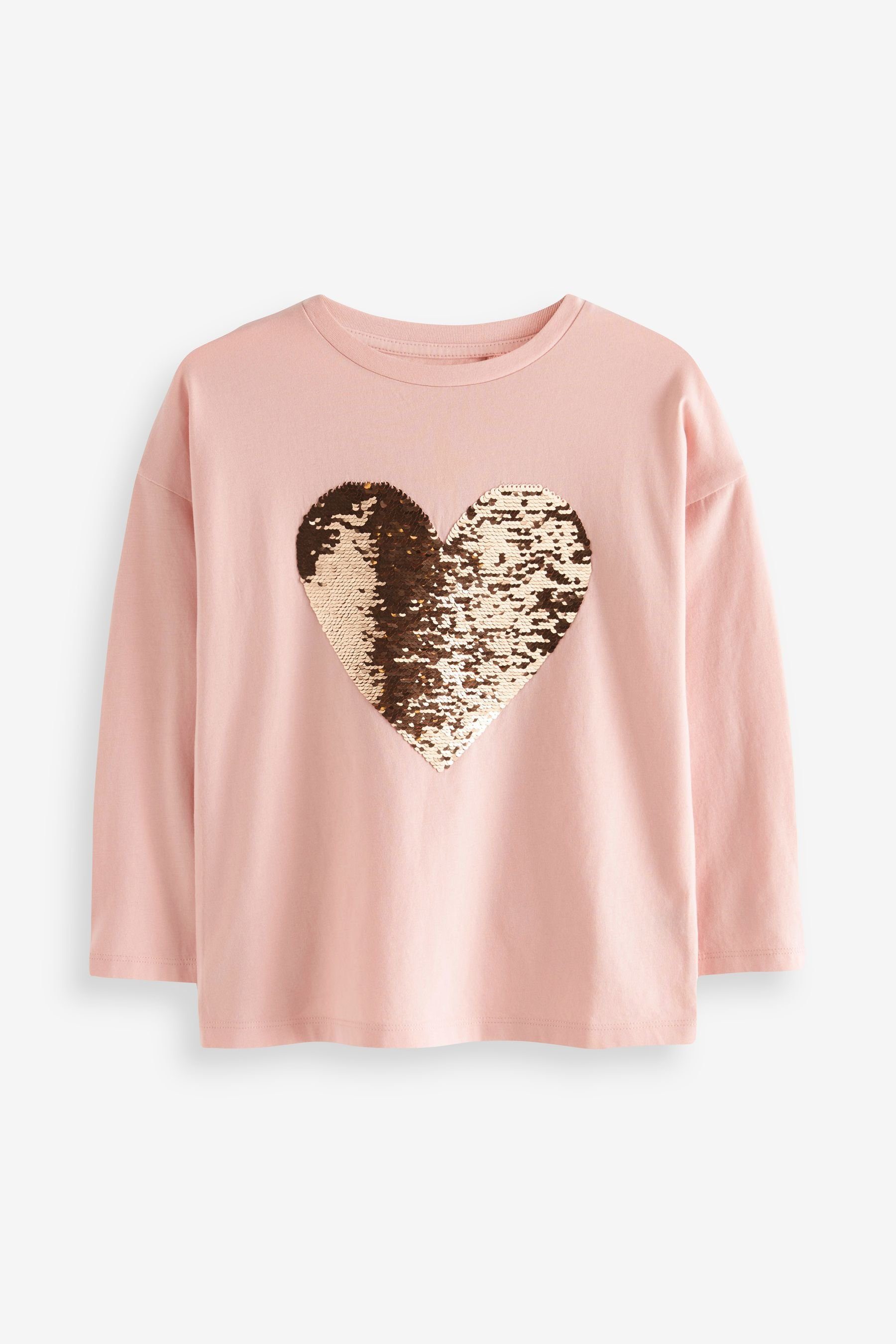 Next Langarmshirt Langärmeliges T-Shirt mit Herzmotiv aus Pailletten (1-tlg) Pink/Gold