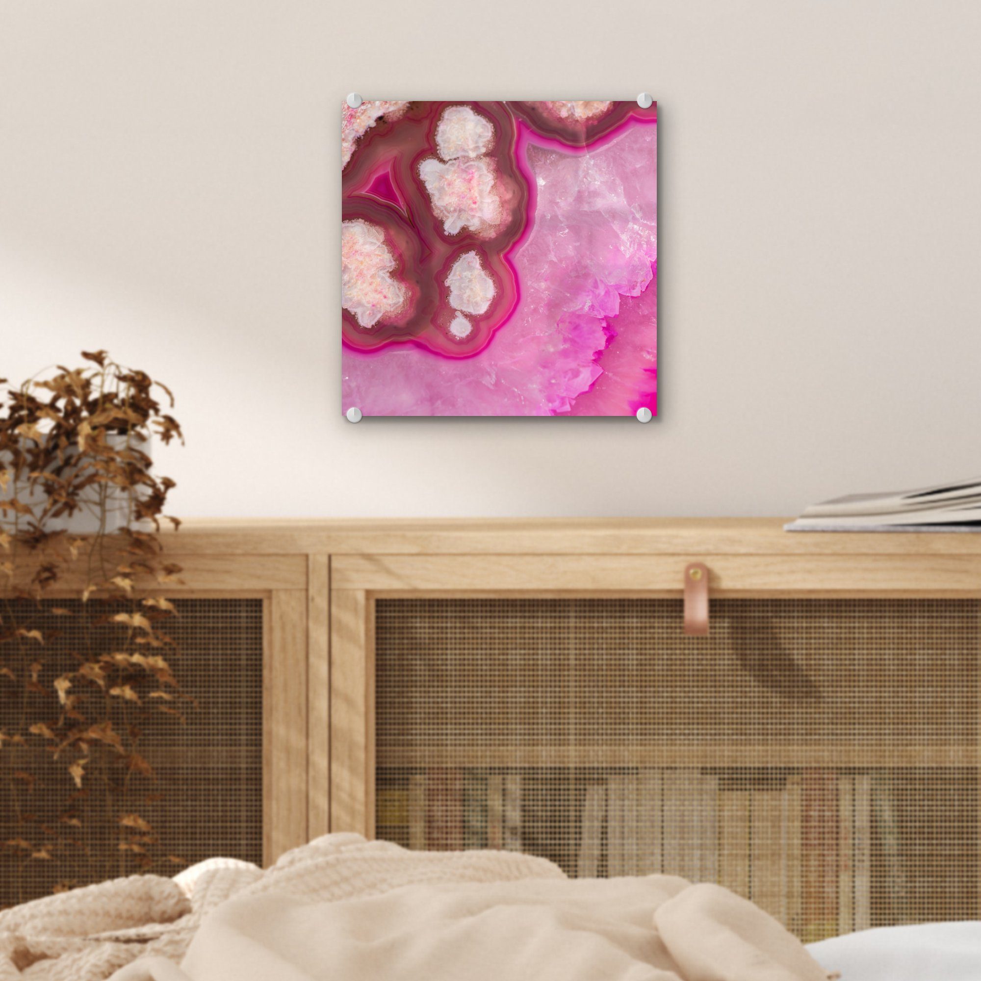 auf auf Glas einer - Glasbilder Geode, MuchoWow Glas Bilder Wandbild (1 - - St), Wanddekoration rosa Nahaufnahme Foto Acrylglasbild