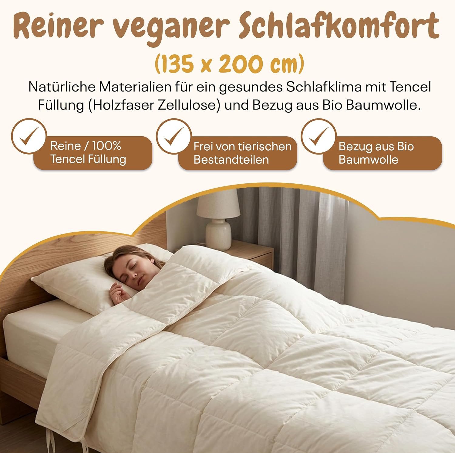 geborgenschlafen Naturfaserbettdecke Vegane Ganzjahres-Bettdecke Tencel™, Füllung: 100 % Tencel, Bezug: Bio-Baumwolle, 100% pflanzlich, Vegan, Feuchtigkeitsregulierend, Hochwertige Qualität