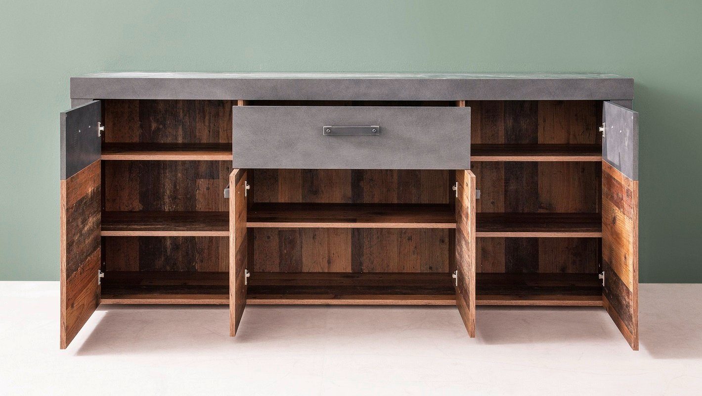 trendteam Sideboard Sideboard Kommode Indy, Old Used Wood / Matera grau, 178x77 cm