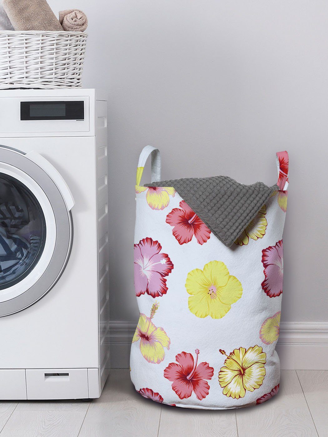 Abakuhaus Wäschesäckchen Wäschekorb mit für Kordelzugverschluss Blumenland Silhouetten Waschsalons, Hibiscus Griffen