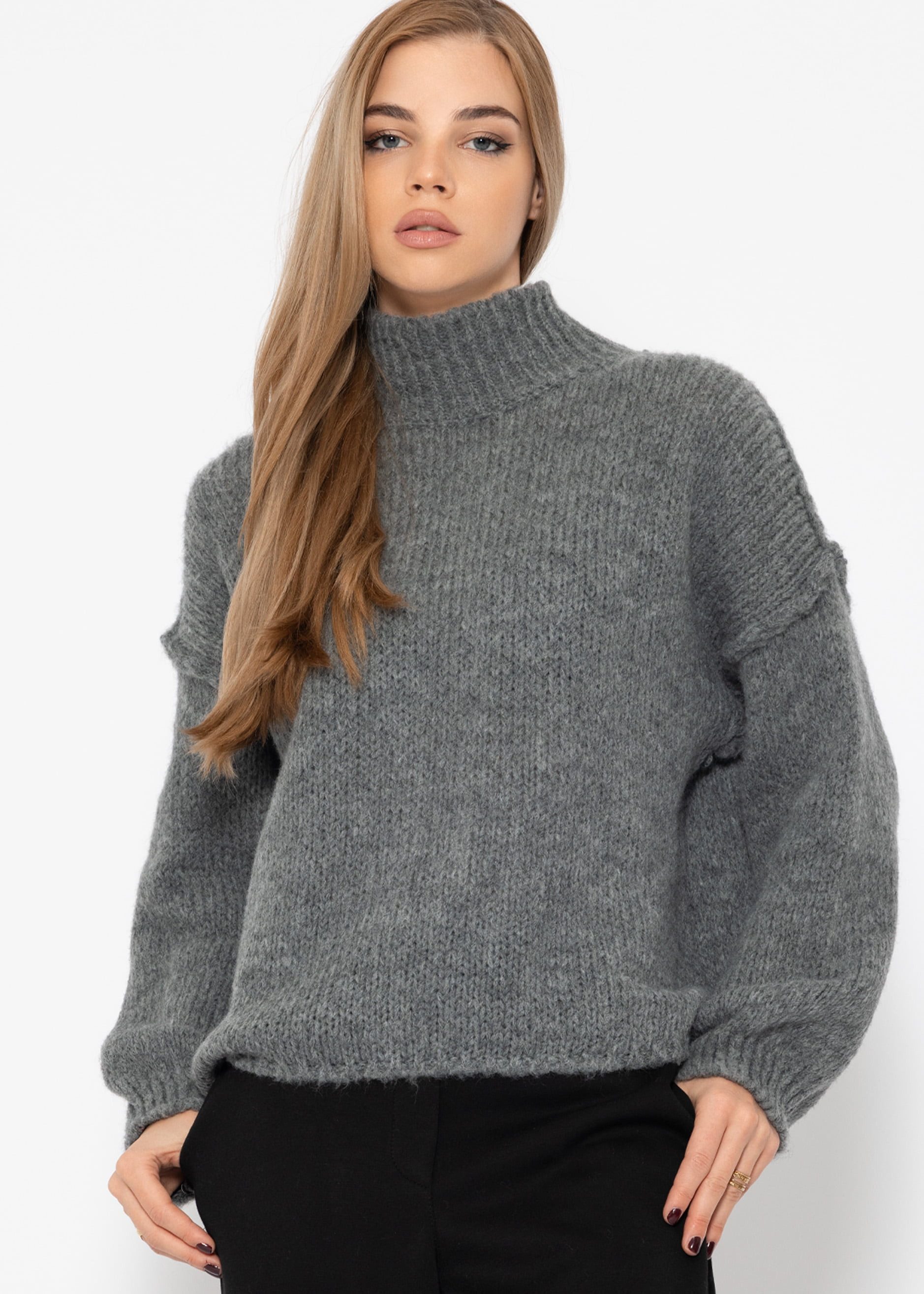 Strickpullover Rollkragenpullover Damen mit Ziernähten Elegant