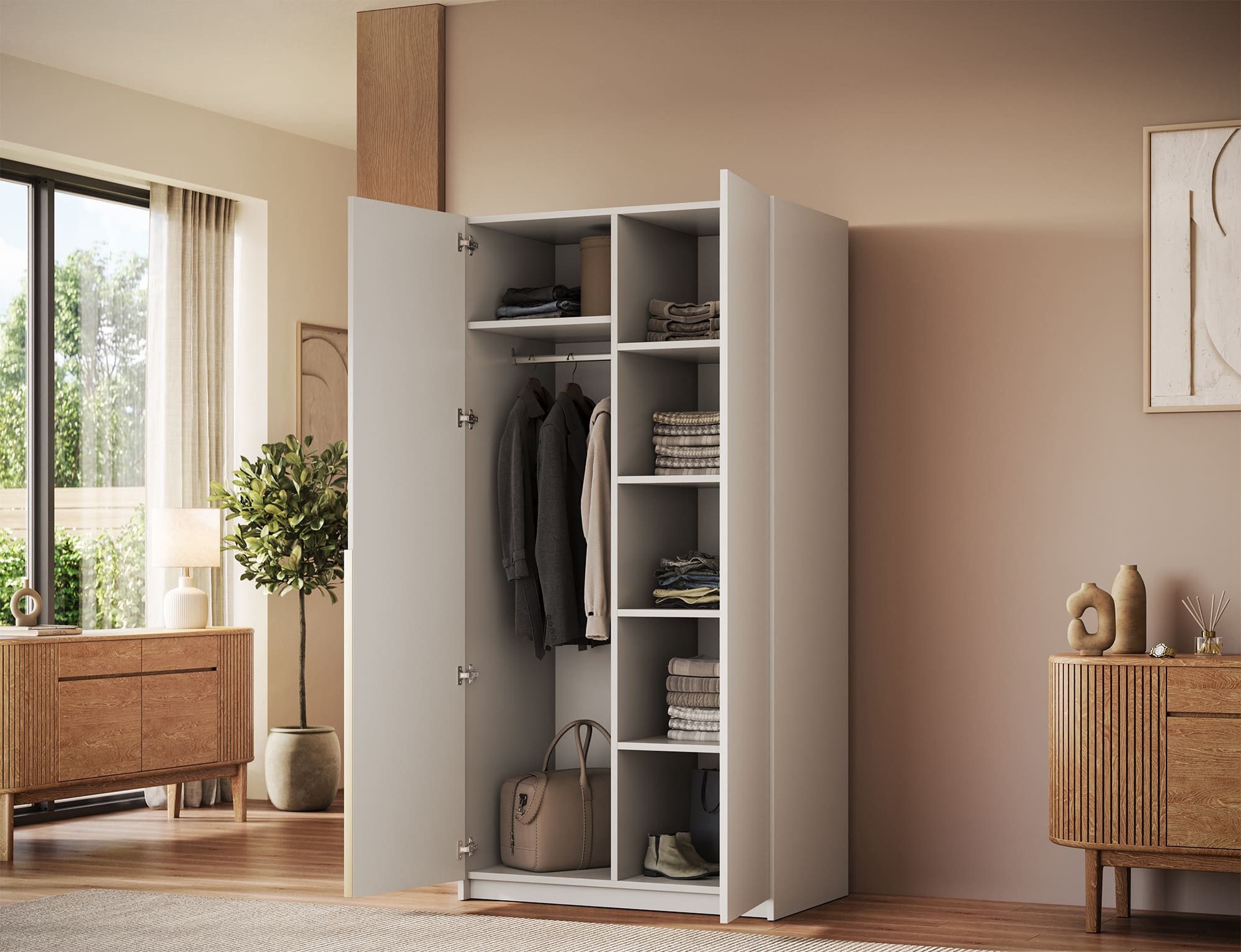 MOEBLO Drehtürenschrank Lunaro II (moderner Kleiderschrank 2-türig Schrank Garderobe Schlafzimmer, 100 cm, mit Spiegel Drehtüren Weiß Kaschmir Artisan Gold Griffe optional mit Aufsatz) (BxHxT): 100 x 204 x 58 cm
