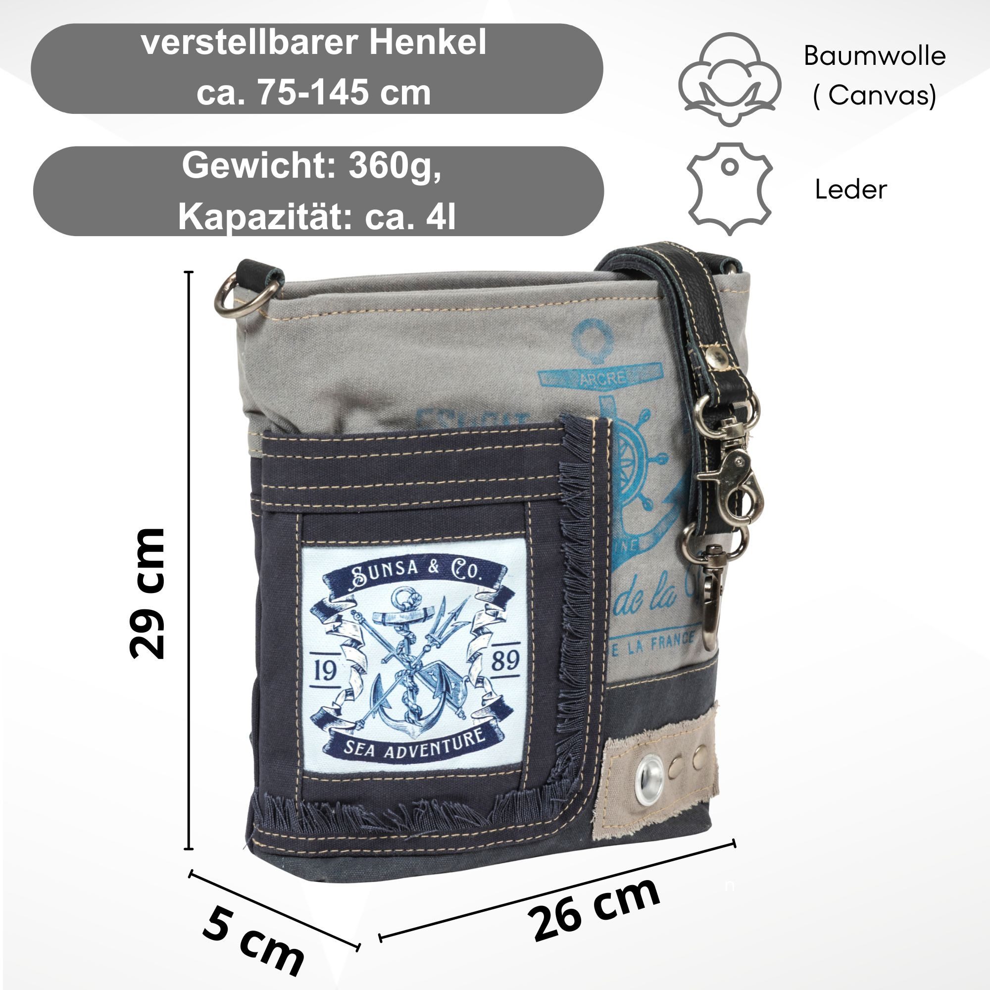 Sunsa Umhängetasche Sunsa Maritim Umhängetasche. Blaue Crossover Tasche. Schultertasche, Vegane Tasche mit Maritim Vintage Look