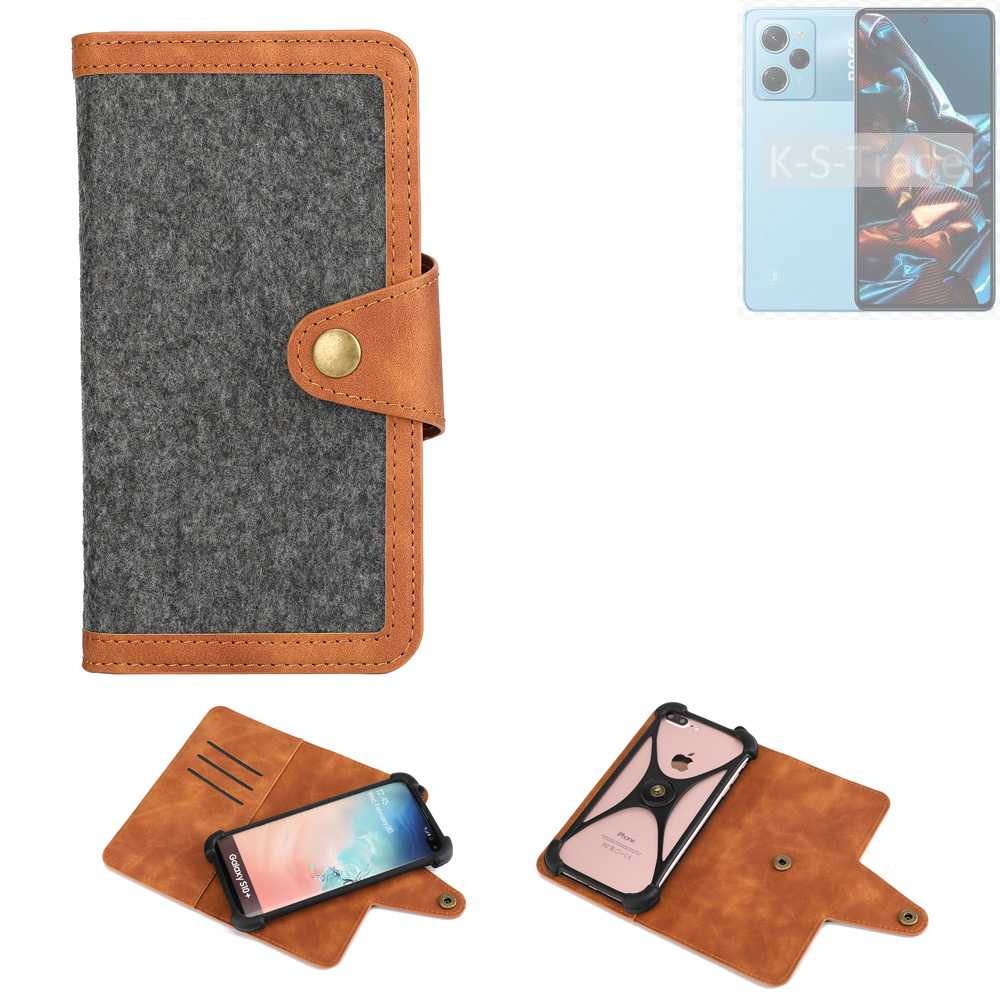 K-S-Trade Handyhülle für POCO X5 Pro 5G, Schutzhülle Handyhülle Filz Hülle Kunst-Leder dunkelgrau braun