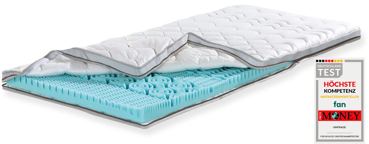 fan, Topper XXL Soft Plus, Premium Topper 90x200 cm,180x200 cm & weitere Größen, 7 cm hoch, Kaltschaum, Matratze, Boxspringbett, Hausstauballergiker geeignet, ergonomisch
