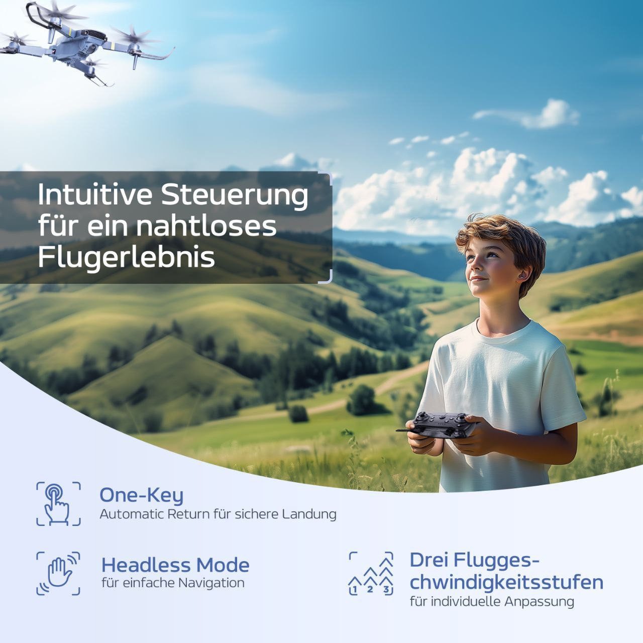 Diyarts RC-Quadrocopter (Stabile Drohne mit vielseitiger Ausstattung, Leistungsstarke Full-HD-Kamera mit Live-Übertragung), Smartes Steuerungssystem, kompakte Bauweise & tragbares Faltdesign