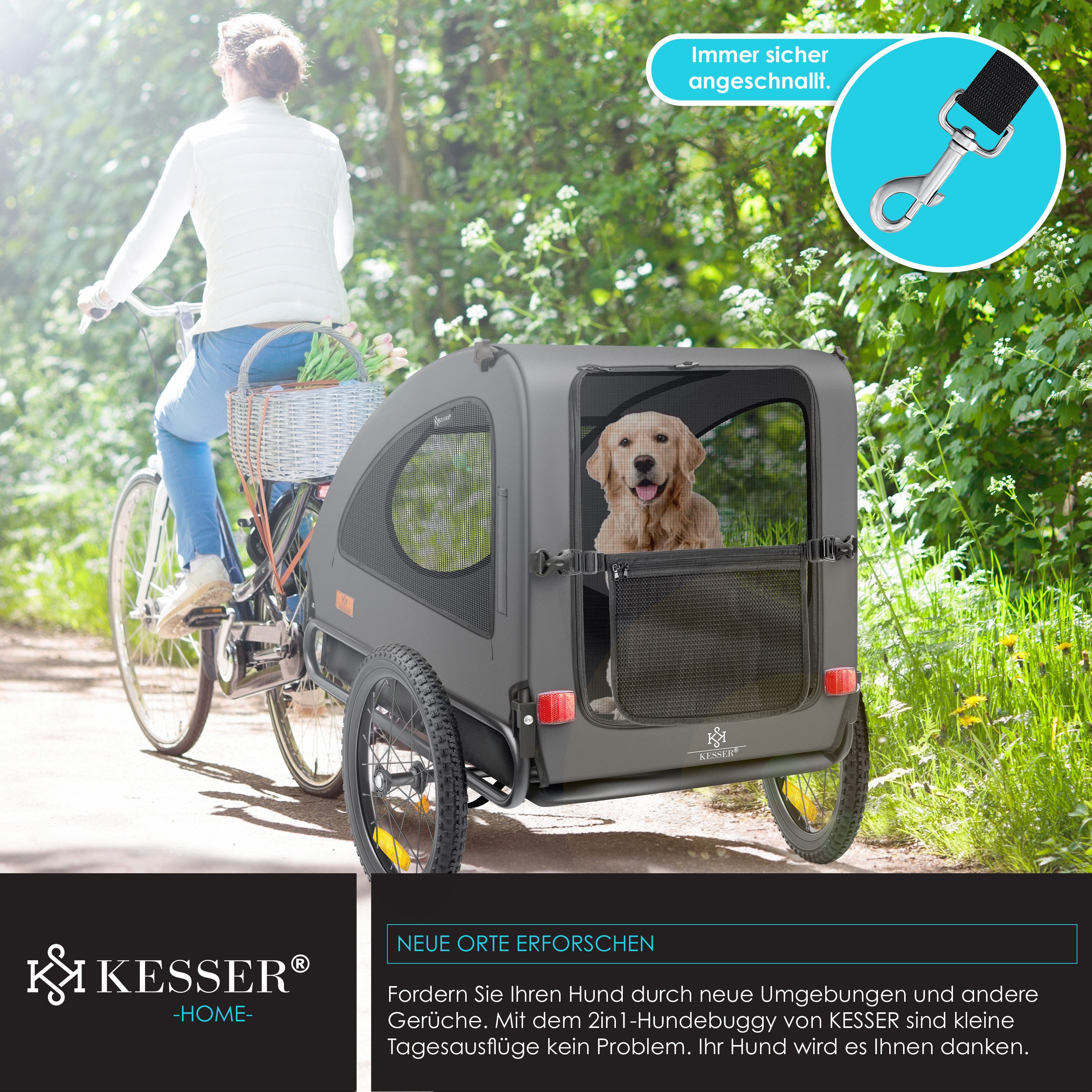 KESSER Fahrradhundeanhänger, Hundeanhänger Boxer 2-in-1 Hundebuggy Fahrradanhänger groß
